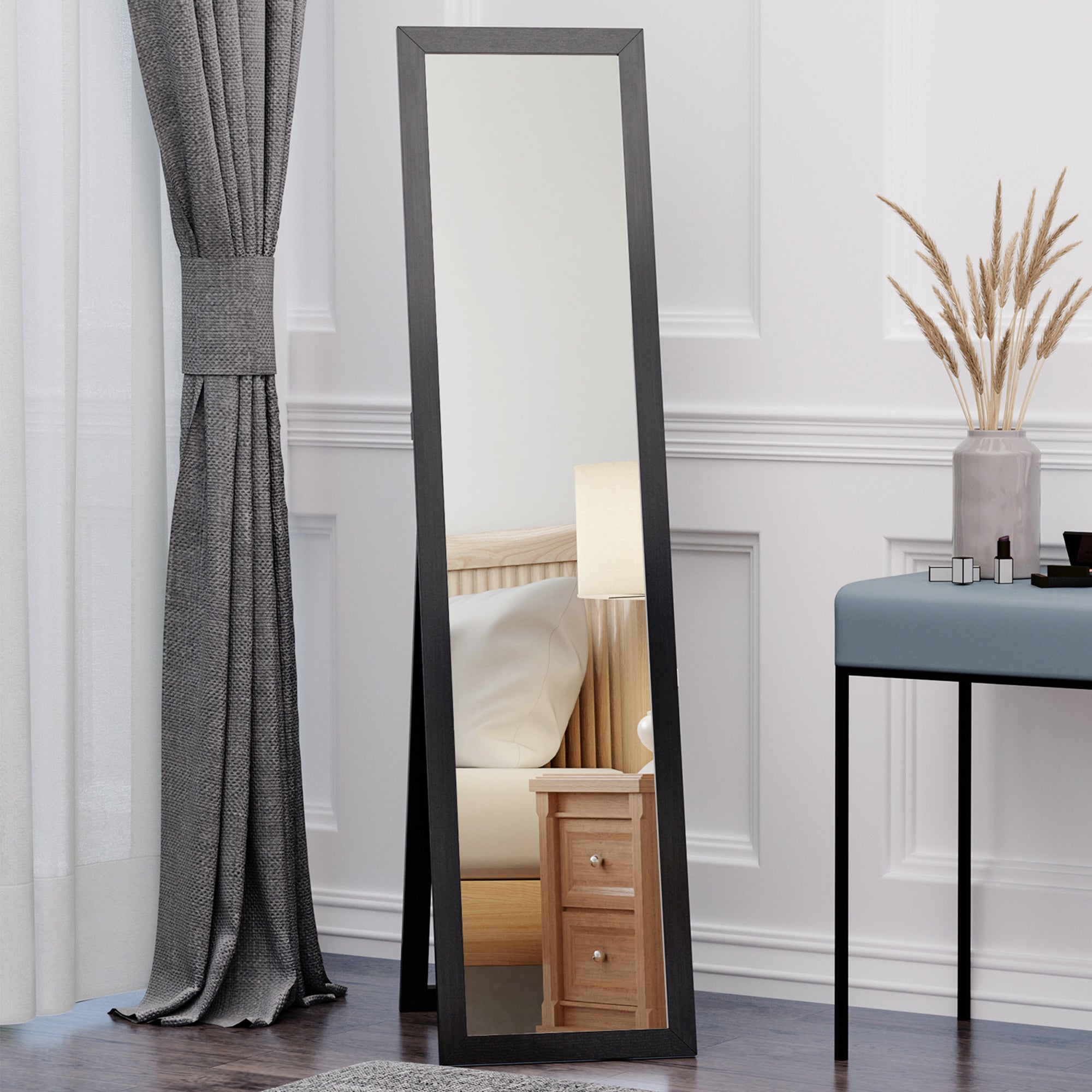 Espelho de Pé de Corpo Inteiro Retangular – 37x37x154cm – Cor Preto – MDF e cristal