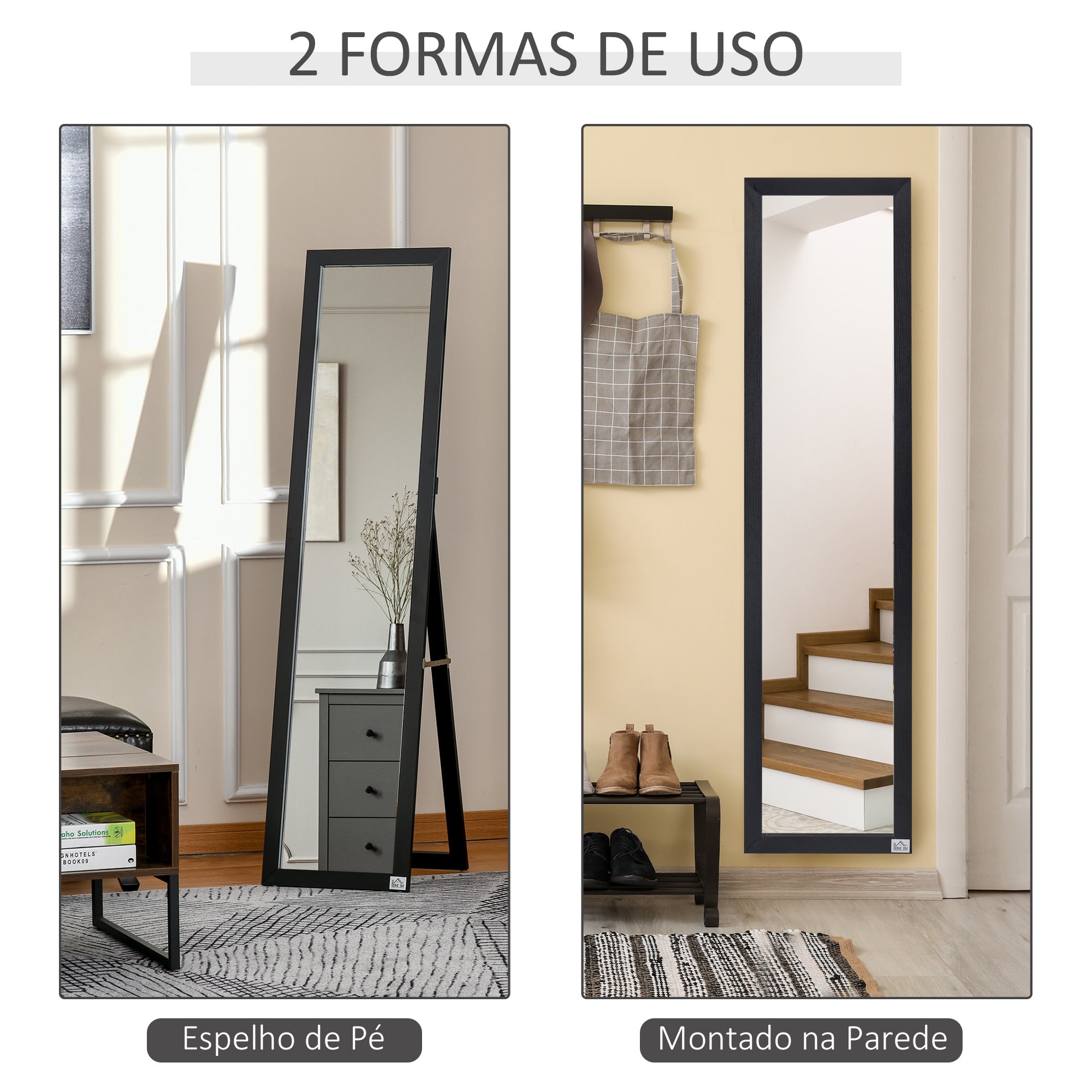 Espelho de Pé de Corpo Inteiro Retangular – 37x37x154cm – Cor Preto – MDF e cristal