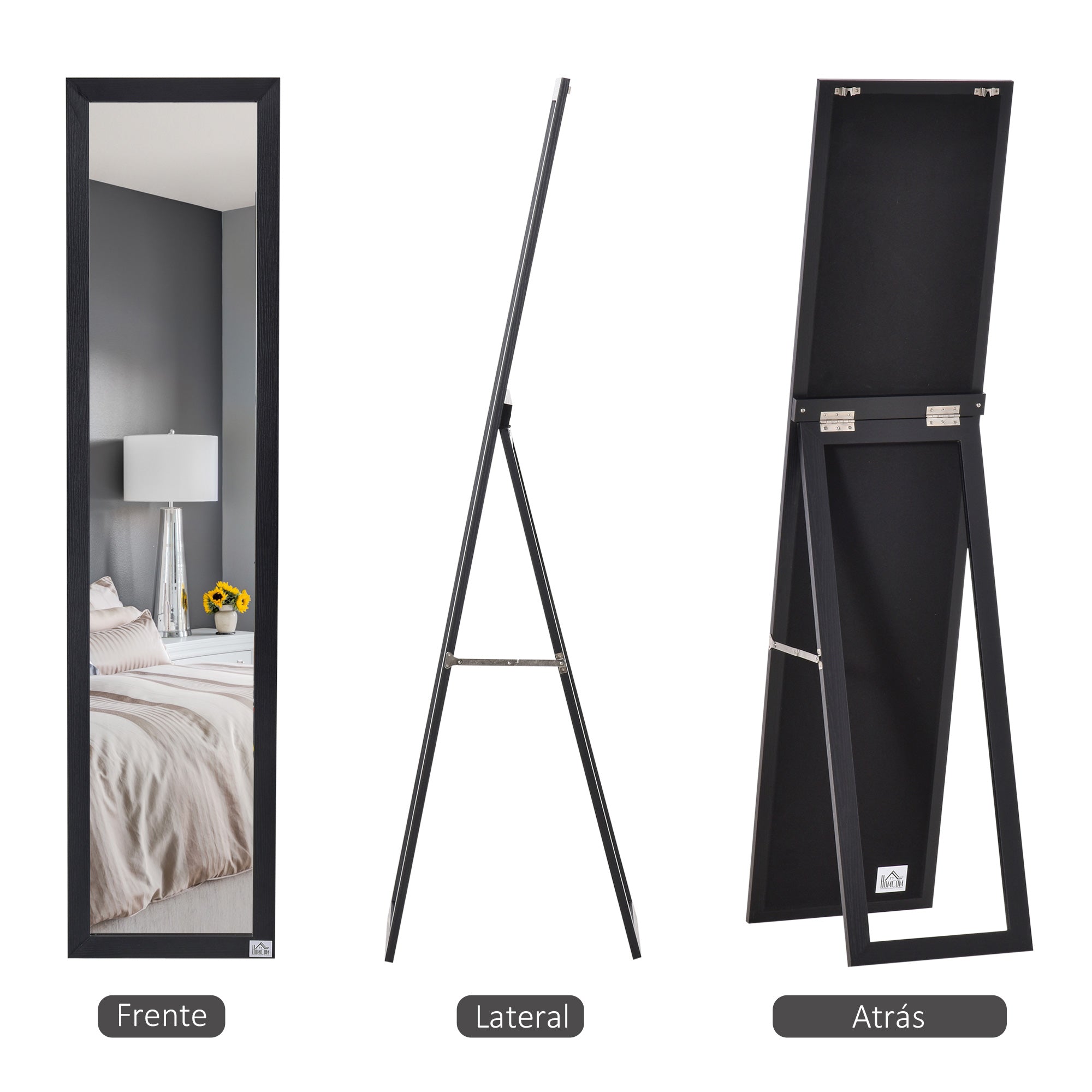 Espelho de Pé de Corpo Inteiro Retangular – 37x37x154cm – Cor Preto – MDF e cristal