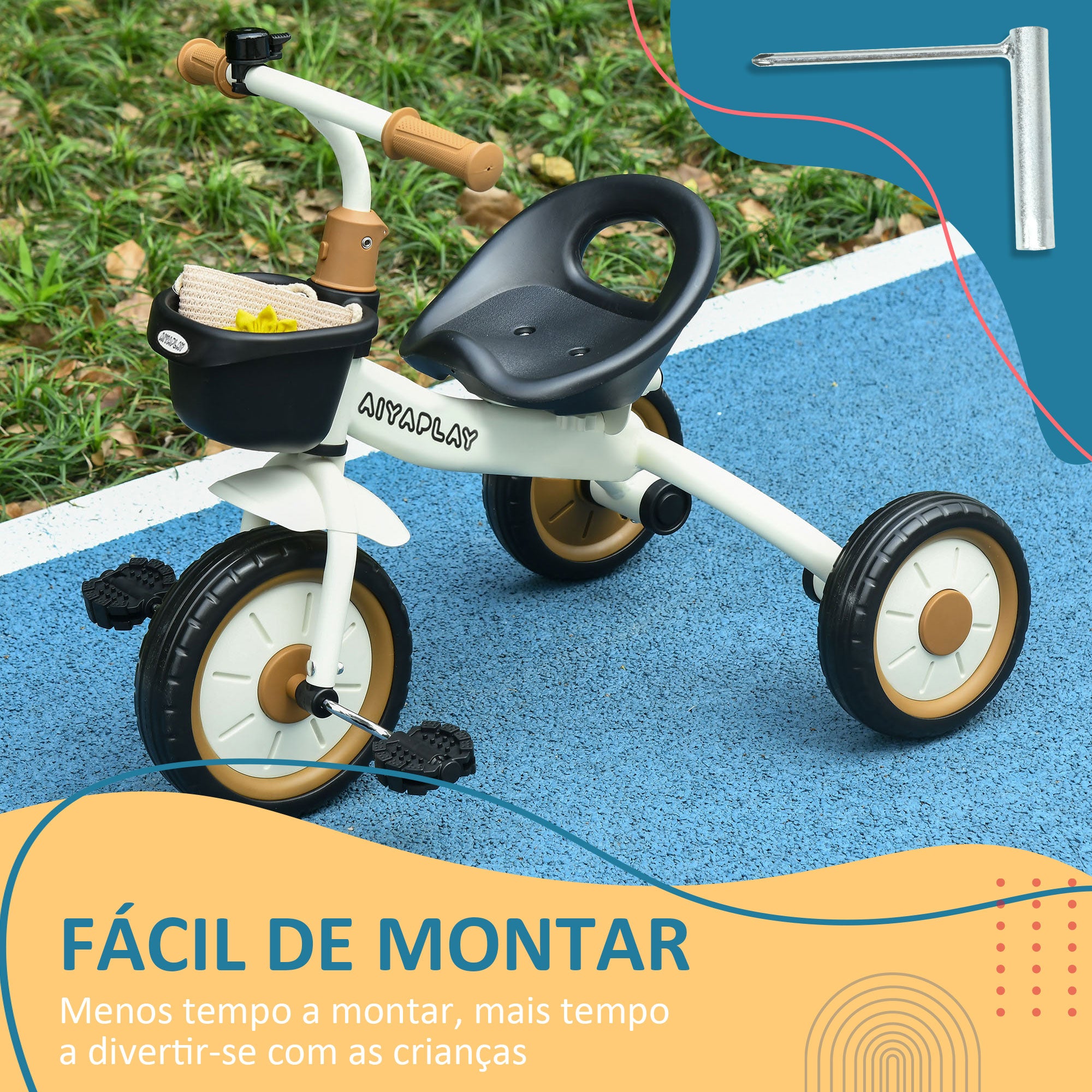 Triciclo Infantil Bege e Marrom 70,5x53x58 cm - Assento Ajustável e Cesta