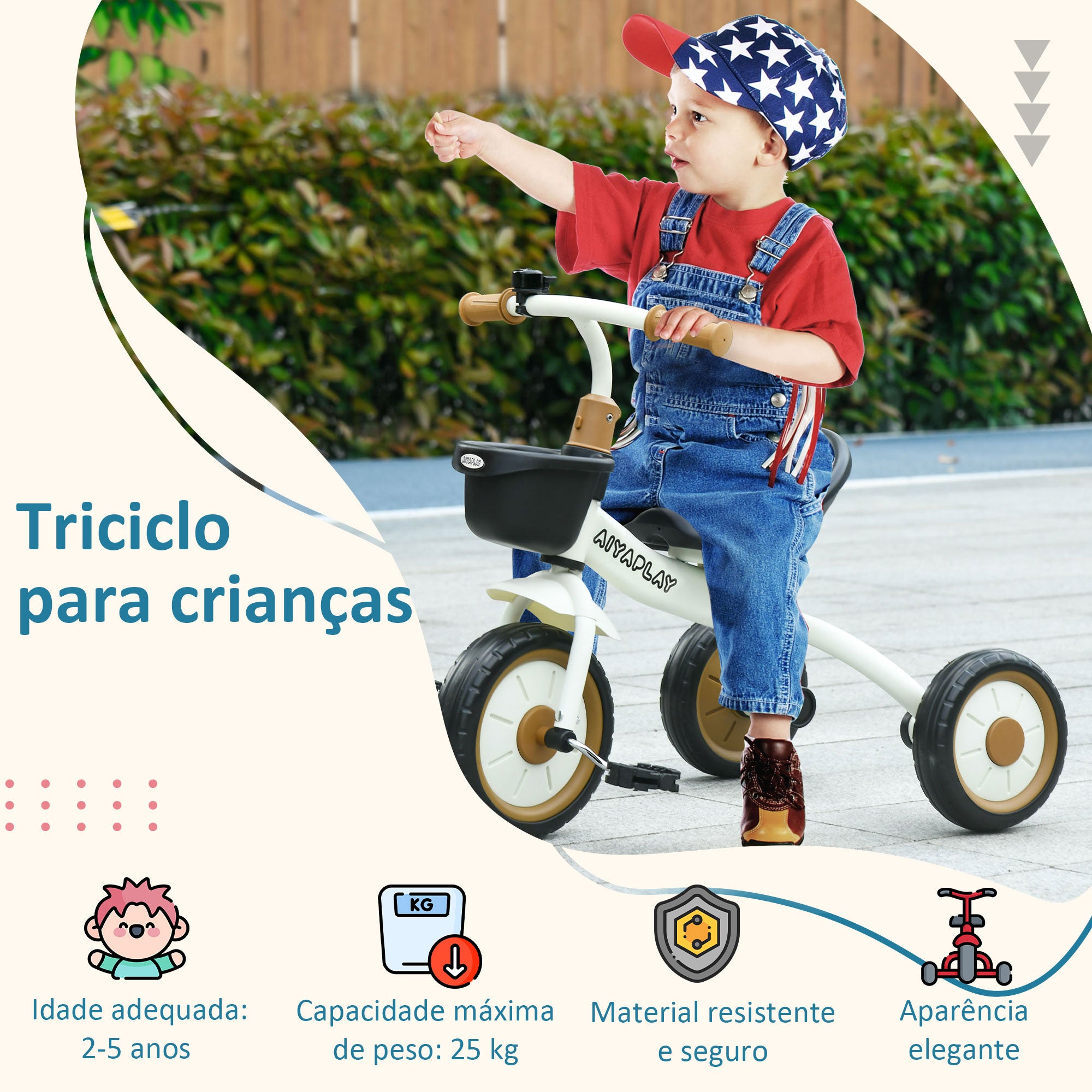 Triciclo Infantil Bege e Marrom 70,5x53x58 cm - Assento Ajustável e Cesta