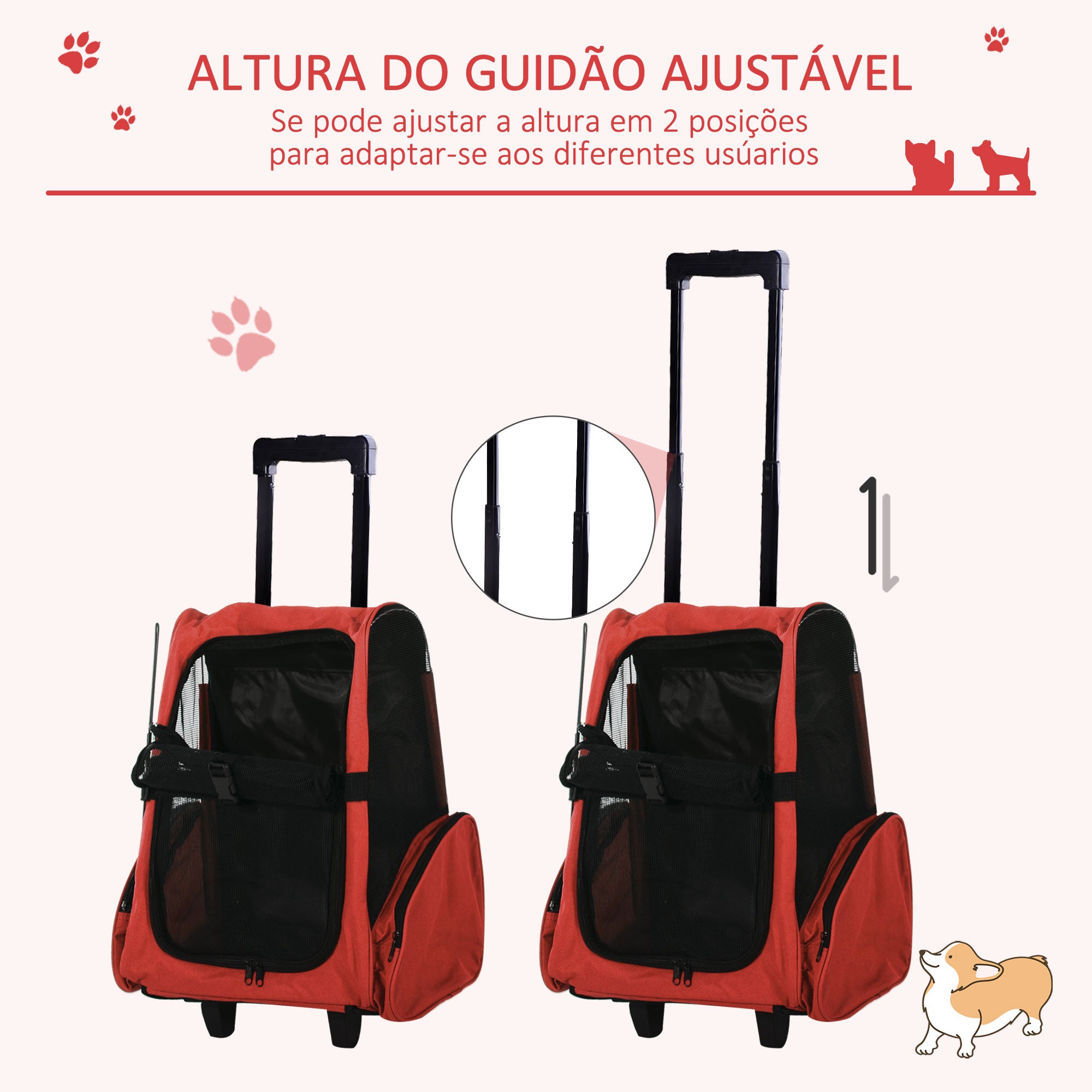 Transportadora 2 em 1 para Animais de Estimação - 42x25x55cm - Vermelho
