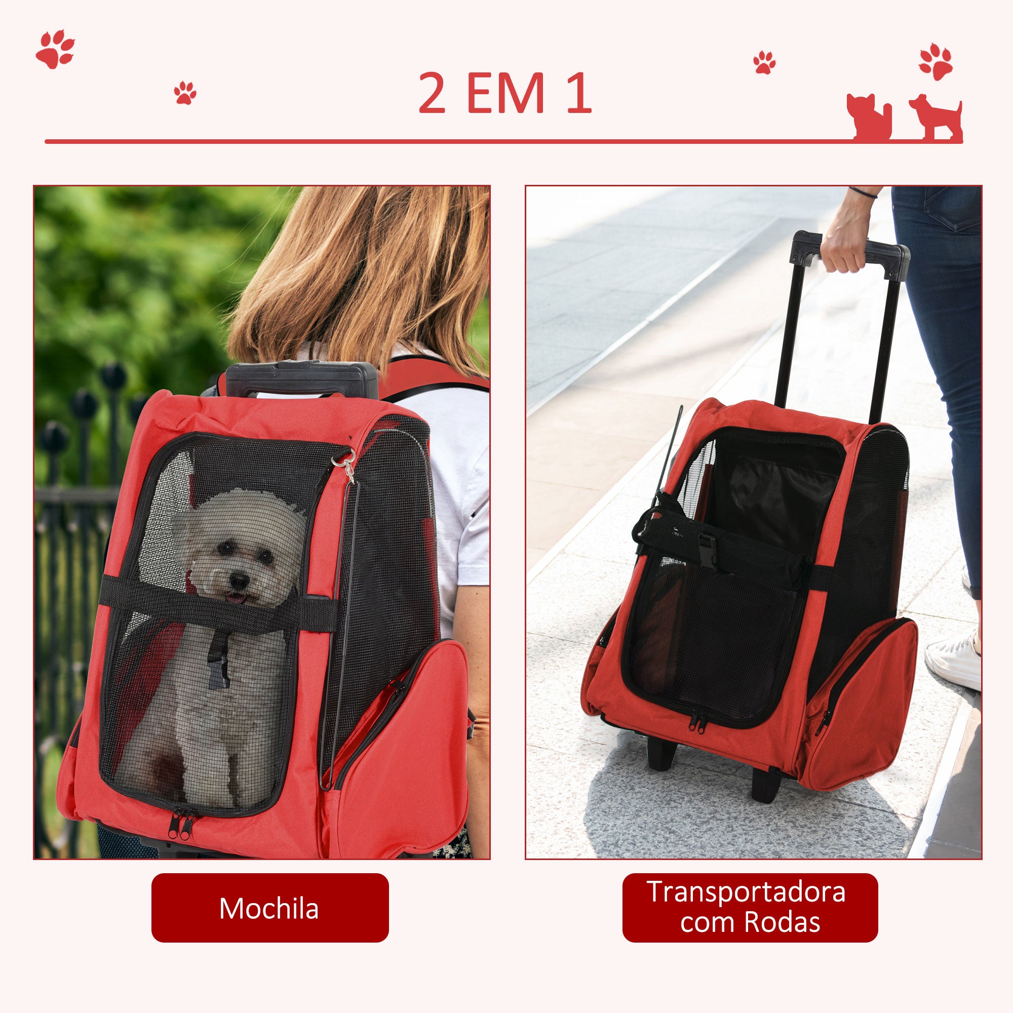 Transportadora 2 em 1 para Animais de Estimação - 42x25x55cm - Vermelho