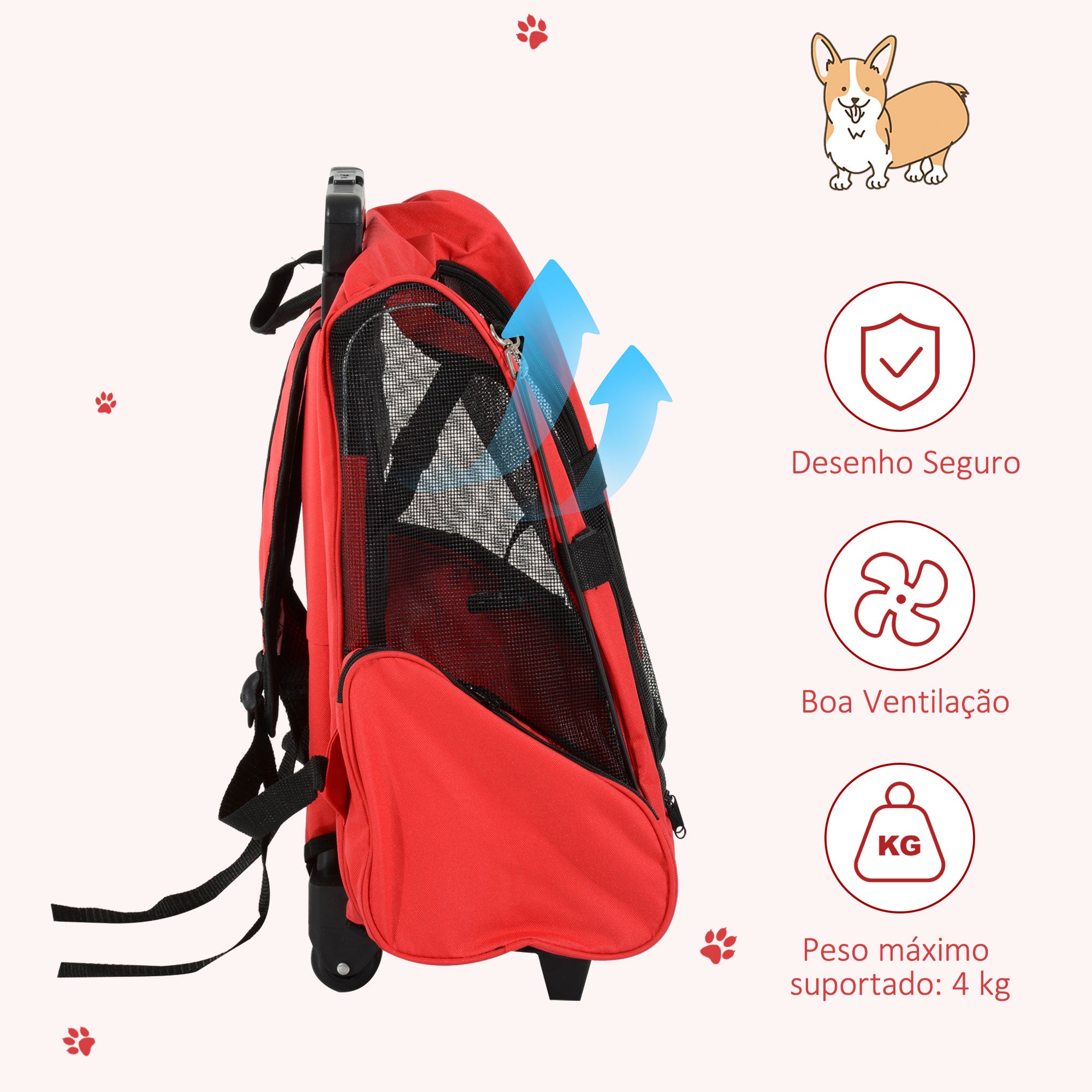 Transportadora 2 em 1 para Animais de Estimação - 42x25x55cm - Vermelho