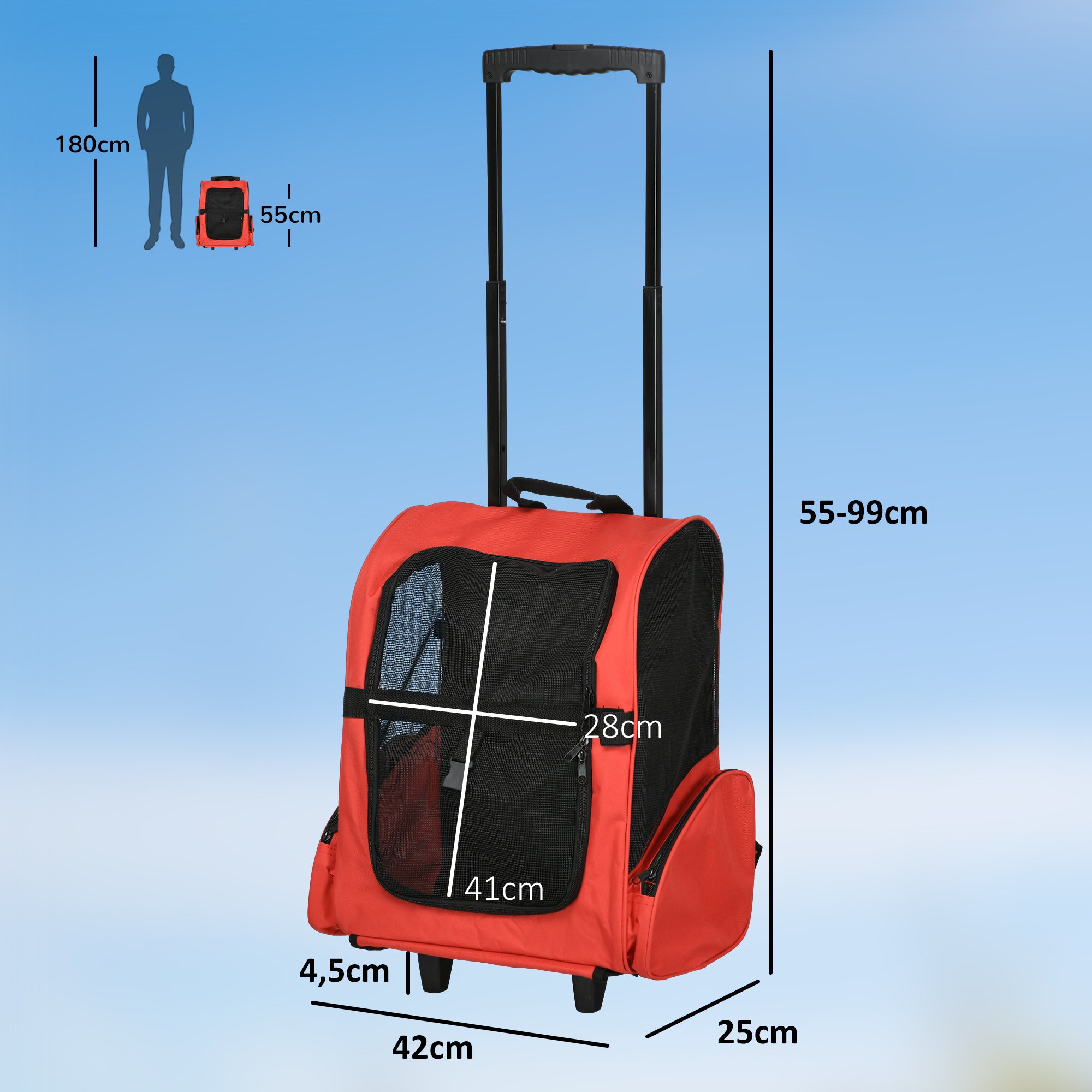 Transportadora 2 em 1 para Animais de Estimação - 42x25x55cm - Vermelho