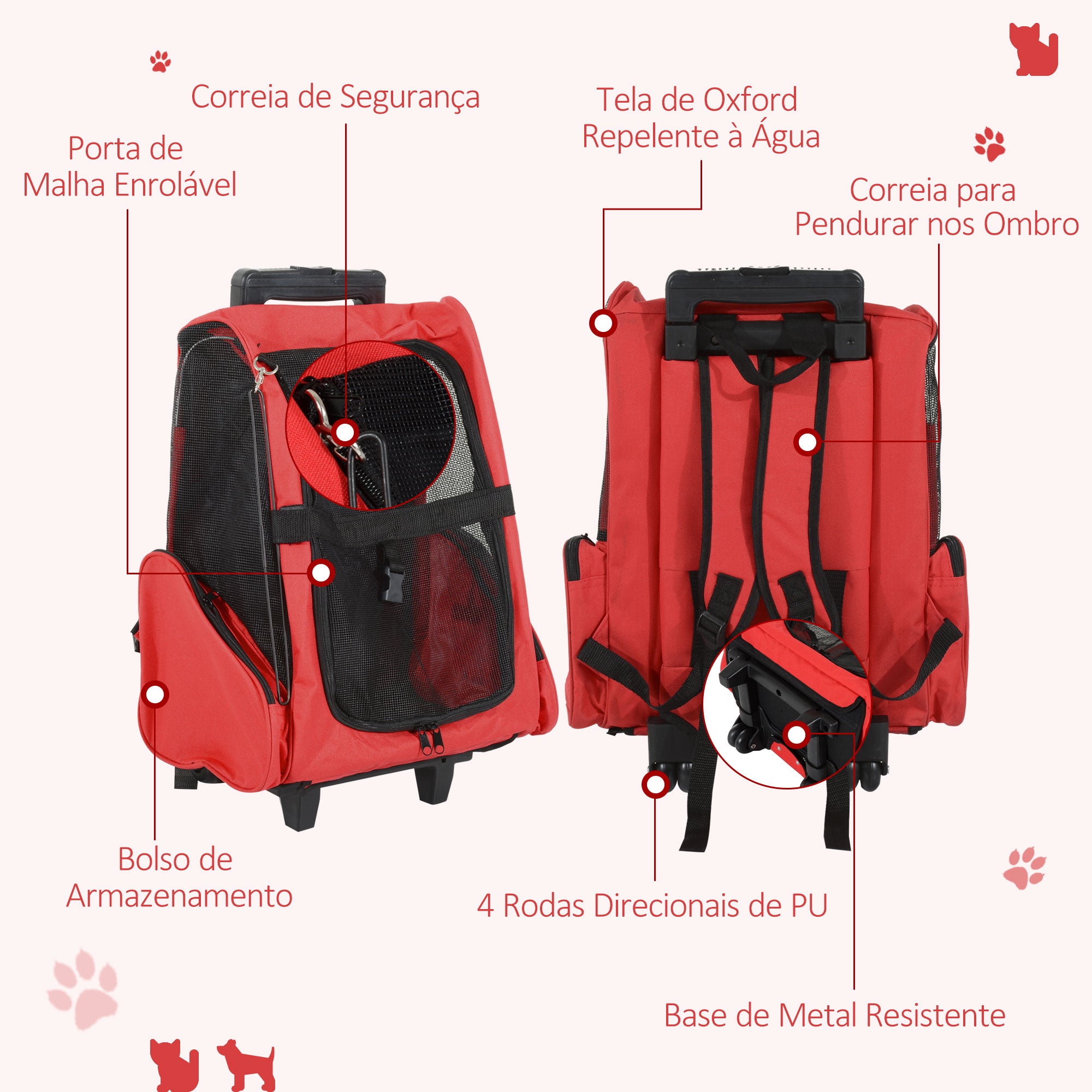 Transportadora 2 em 1 para Animais de Estimação - 42x25x55cm - Vermelho