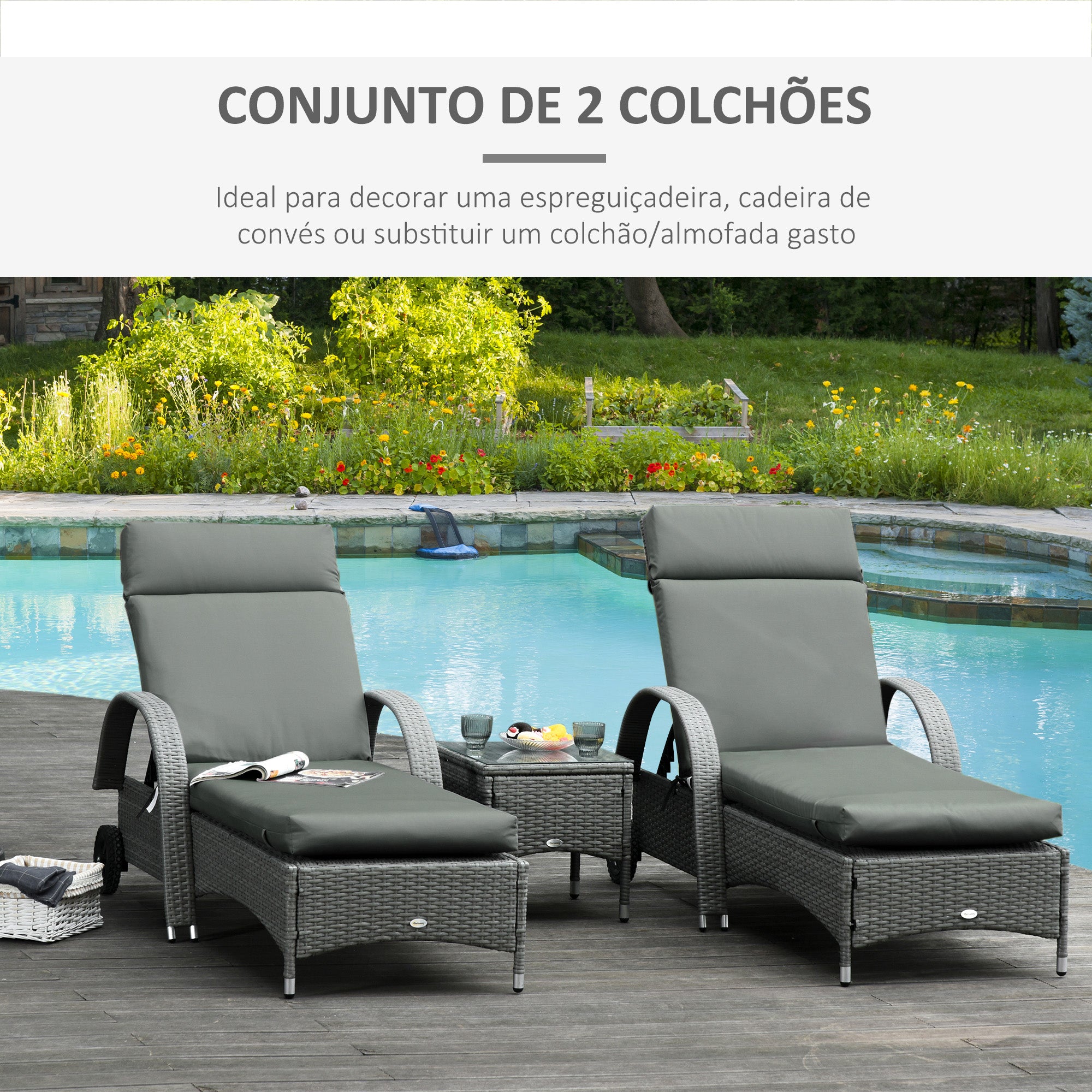 Almofadas Acolchoadas para Espreguiçadeira 196x55x8 cm - Cinzento