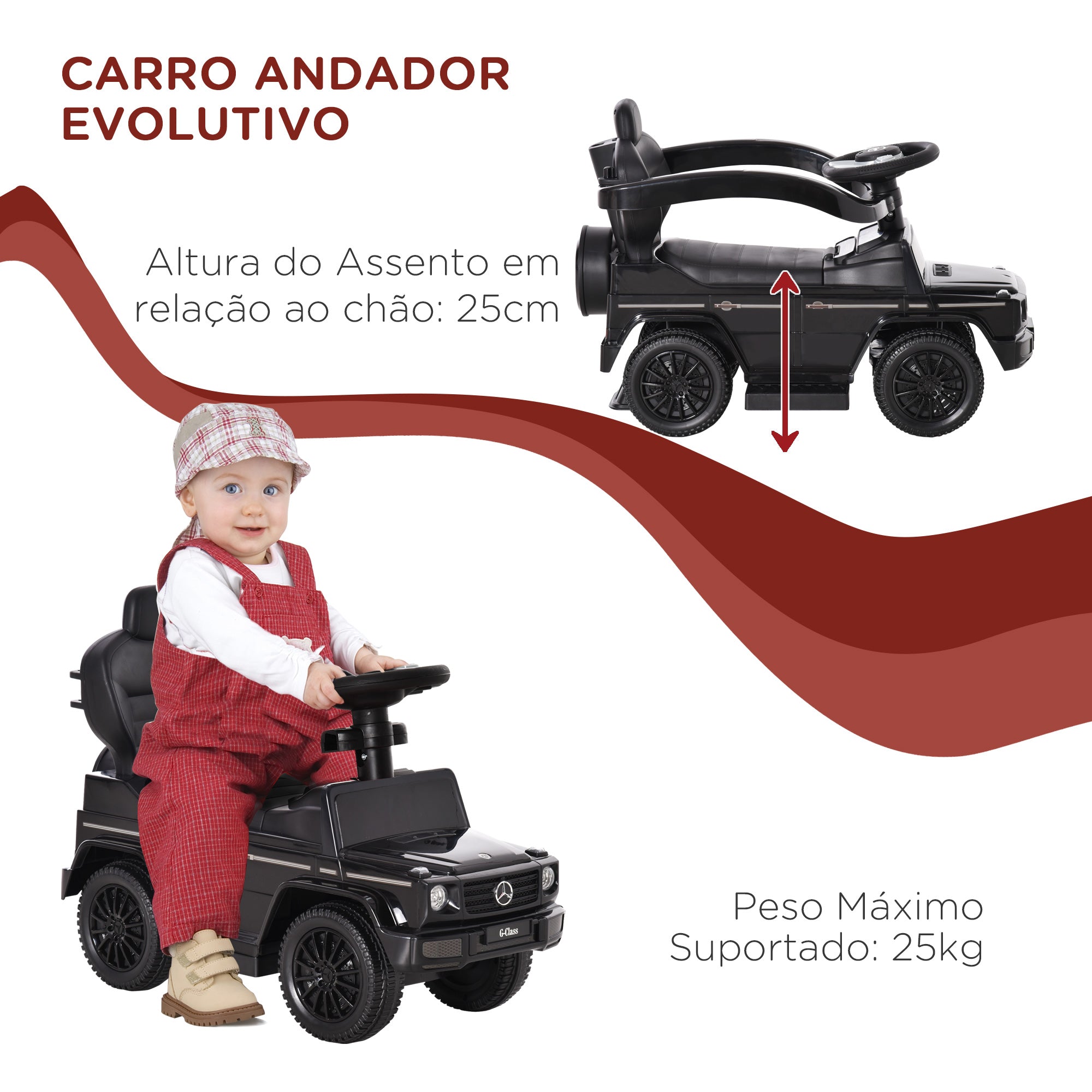 Carro Infantil Conversível em Andador Preto 85.5x40.5x95cm