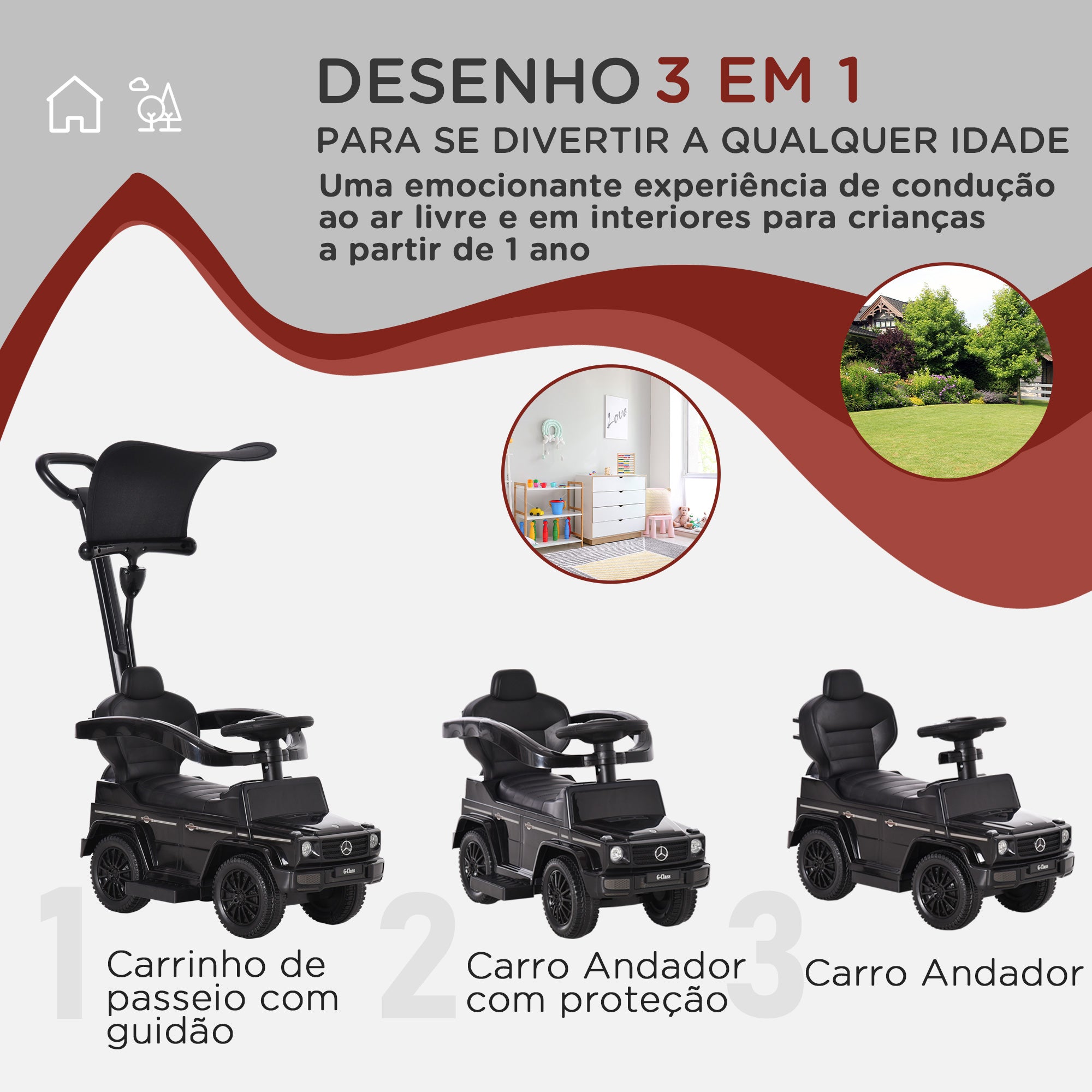 Carro Infantil Conversível em Andador Preto 85.5x40.5x95cm