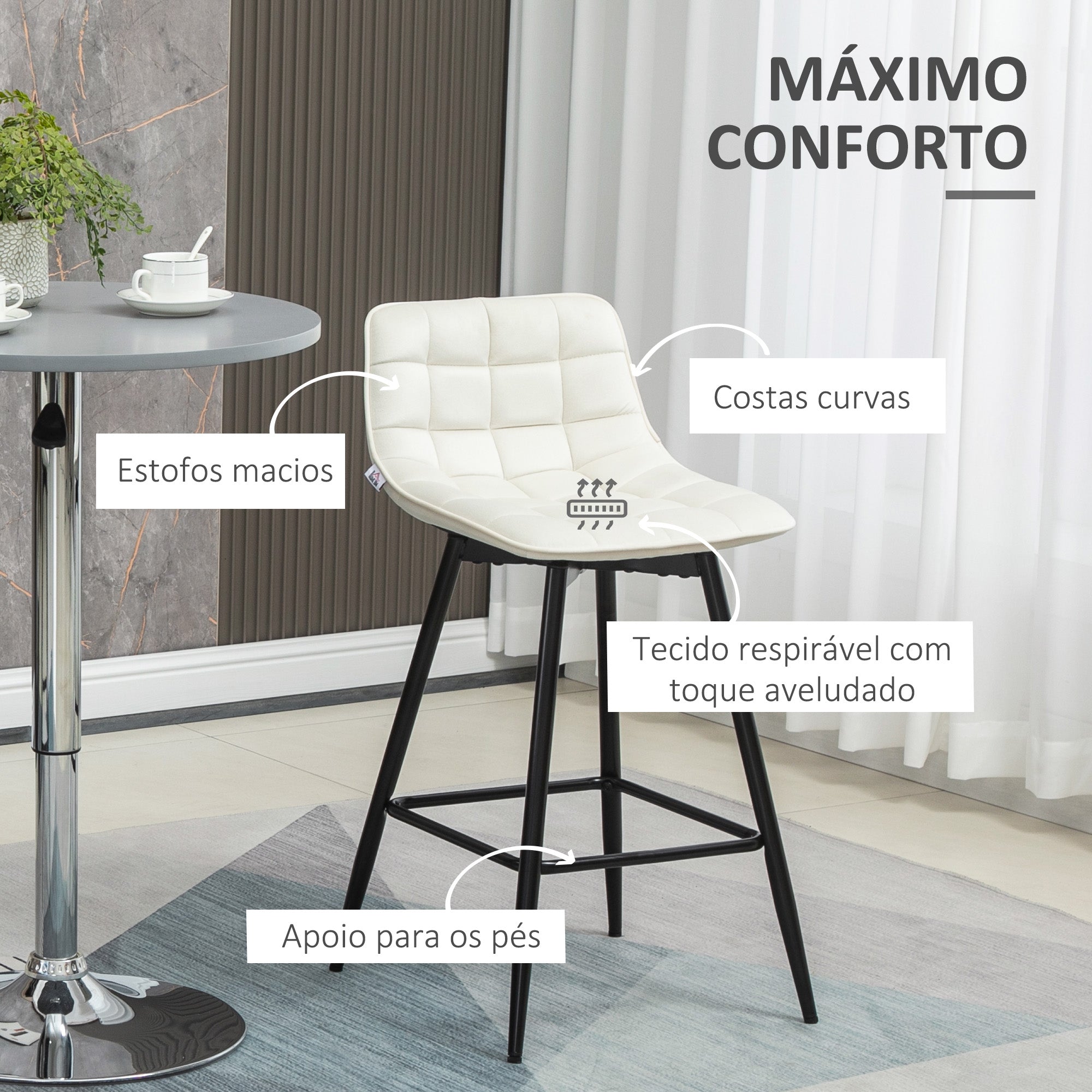 Bancos de Bar Acolchoados – 45x47x84 cm – Cor Creme Branco – Poliéster e metal
