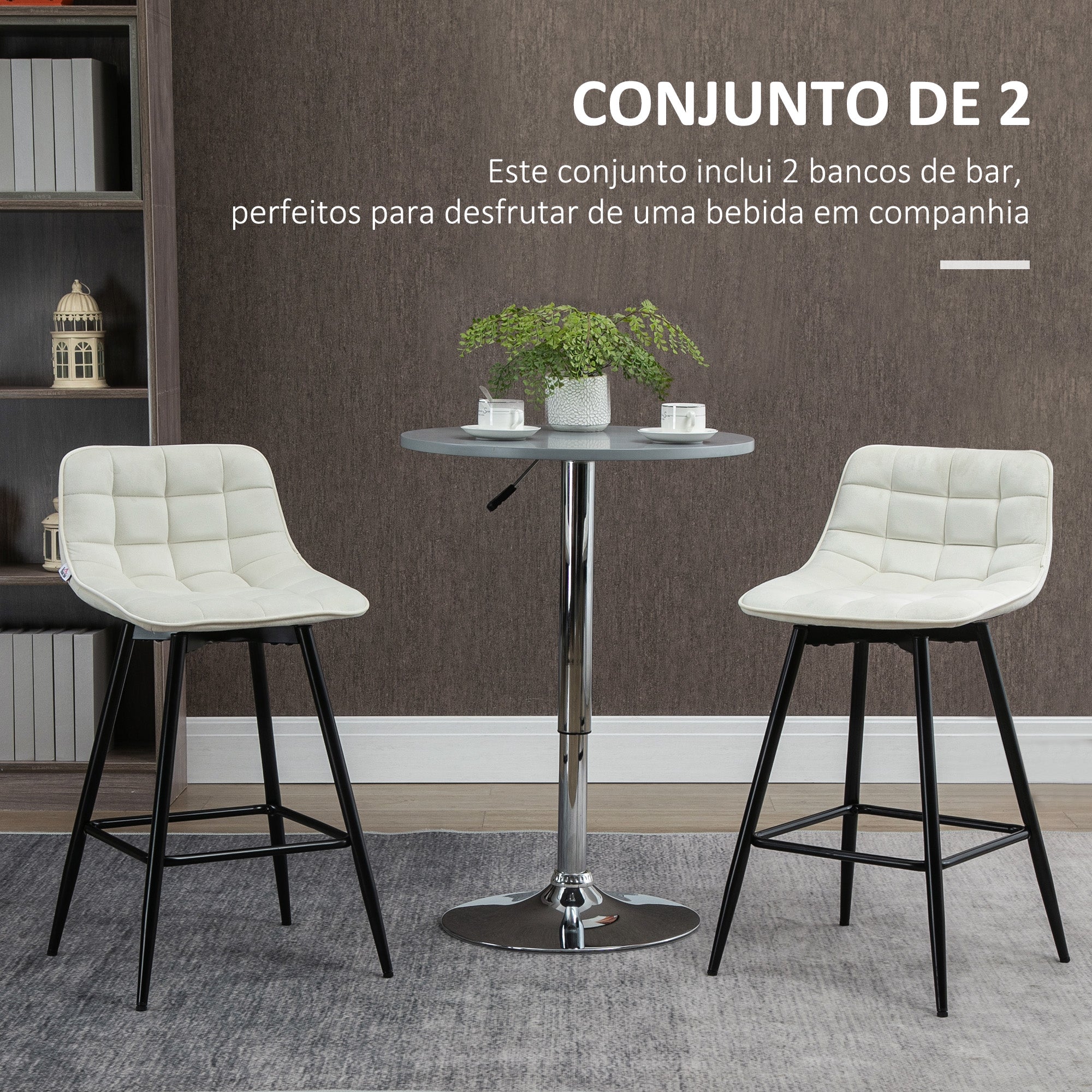 Bancos de Bar Acolchoados – 45x47x84 cm – Cor Creme Branco – Poliéster e metal