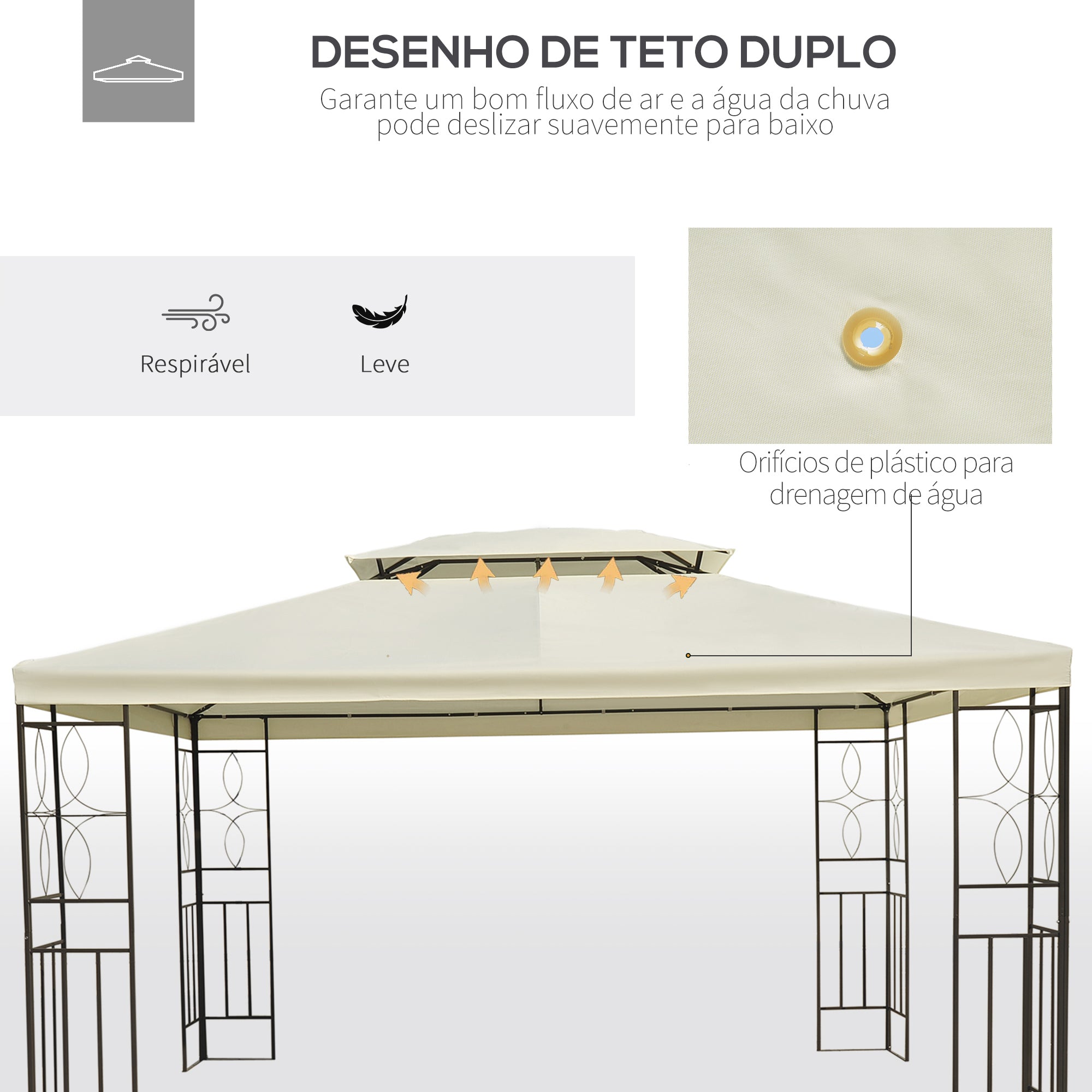 Pérgola de Jardim 295x392x270 cm em Creme Branco - Estrutura de Aço e Toldo Duplo
