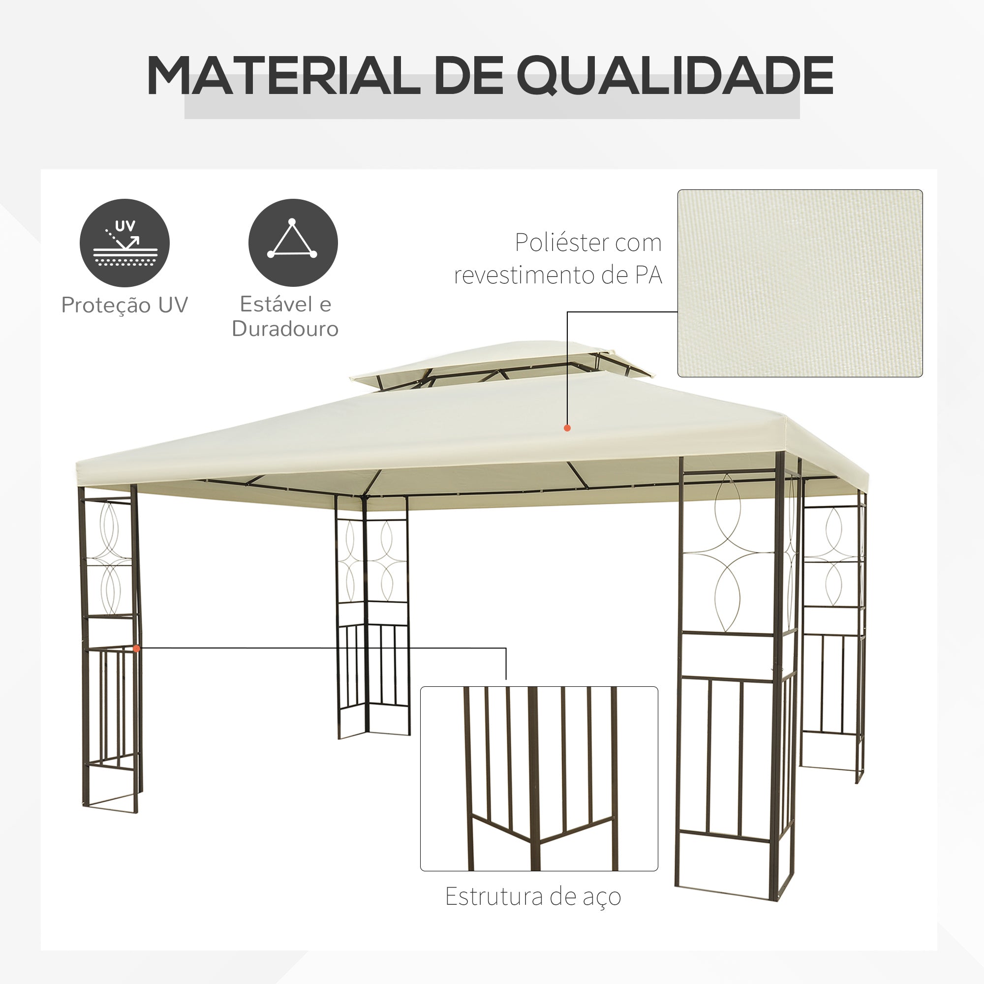 Pérgola de Jardim 295x392x270 cm em Creme Branco - Estrutura de Aço e Toldo Duplo