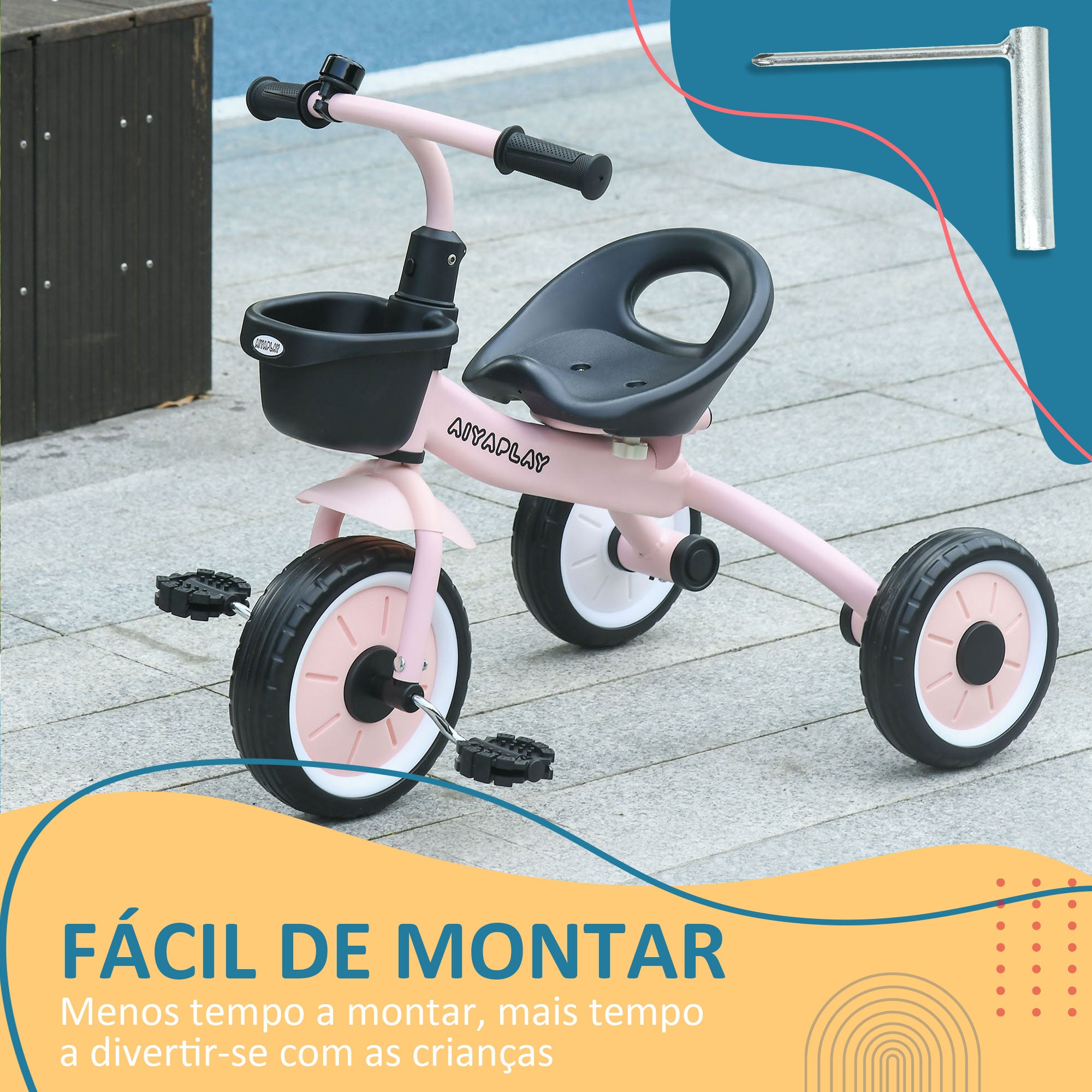 Triciclo Infantil Rosa 70,5x53x58 cm para Crianças de 2 a 5 Anos
