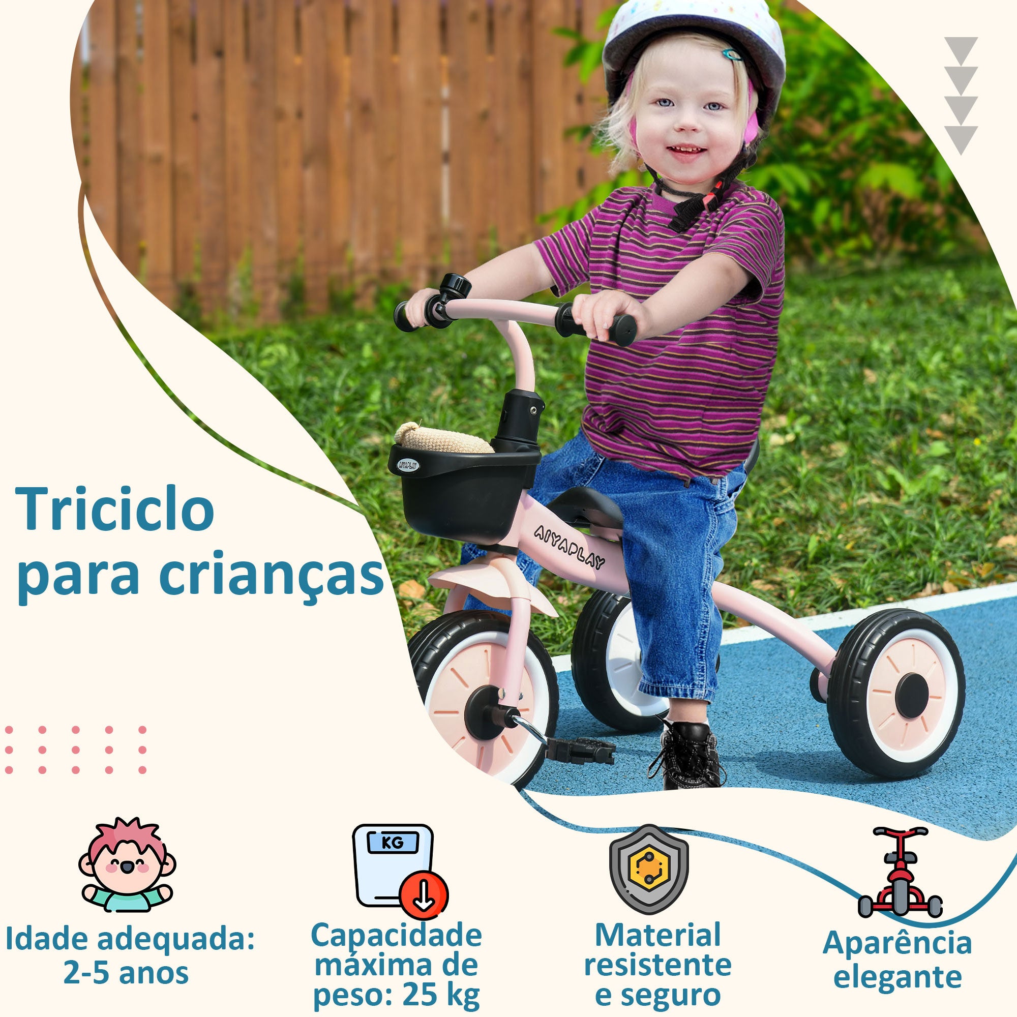 Triciclo Infantil Rosa 70,5x53x58 cm para Crianças de 2 a 5 Anos