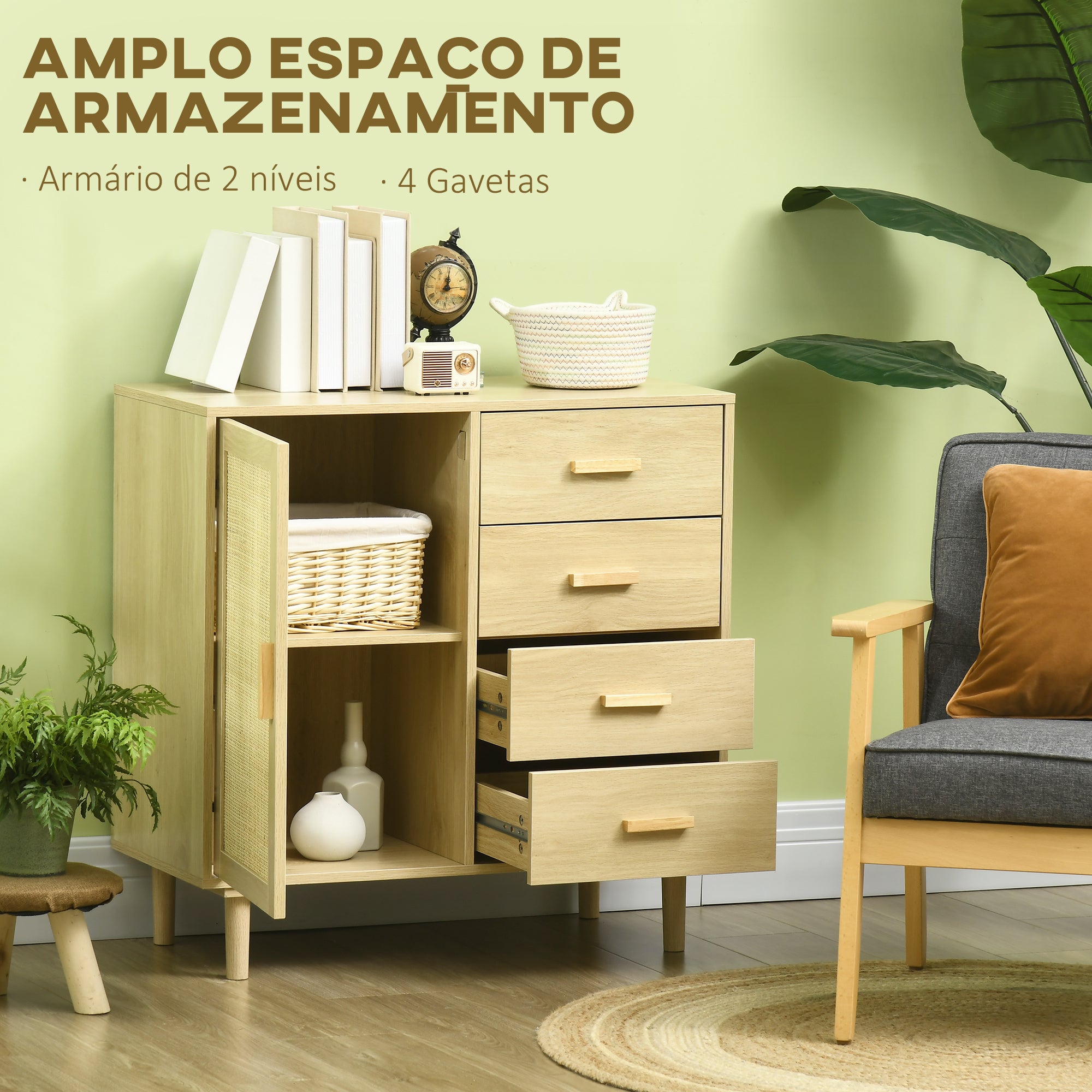 Aparador Sala de Estar Estilo Cannage Cor de Madeira Natural 80x38x80.5 cm