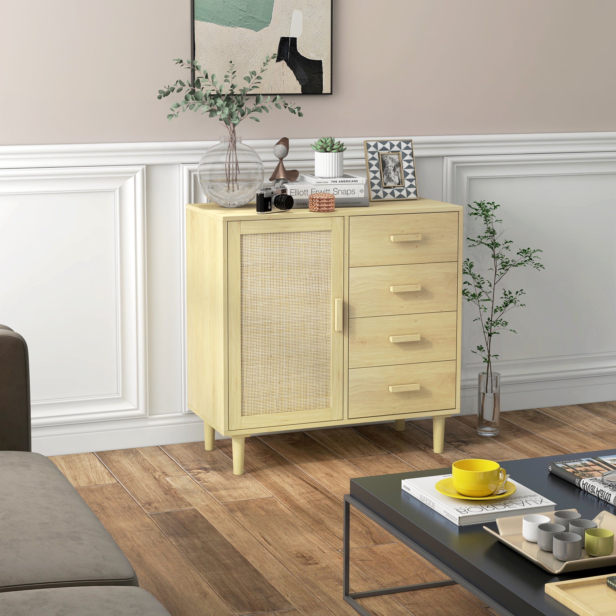 Aparador Sala de Estar Estilo Cannage Cor de Madeira Natural 80x38x80.5 cm