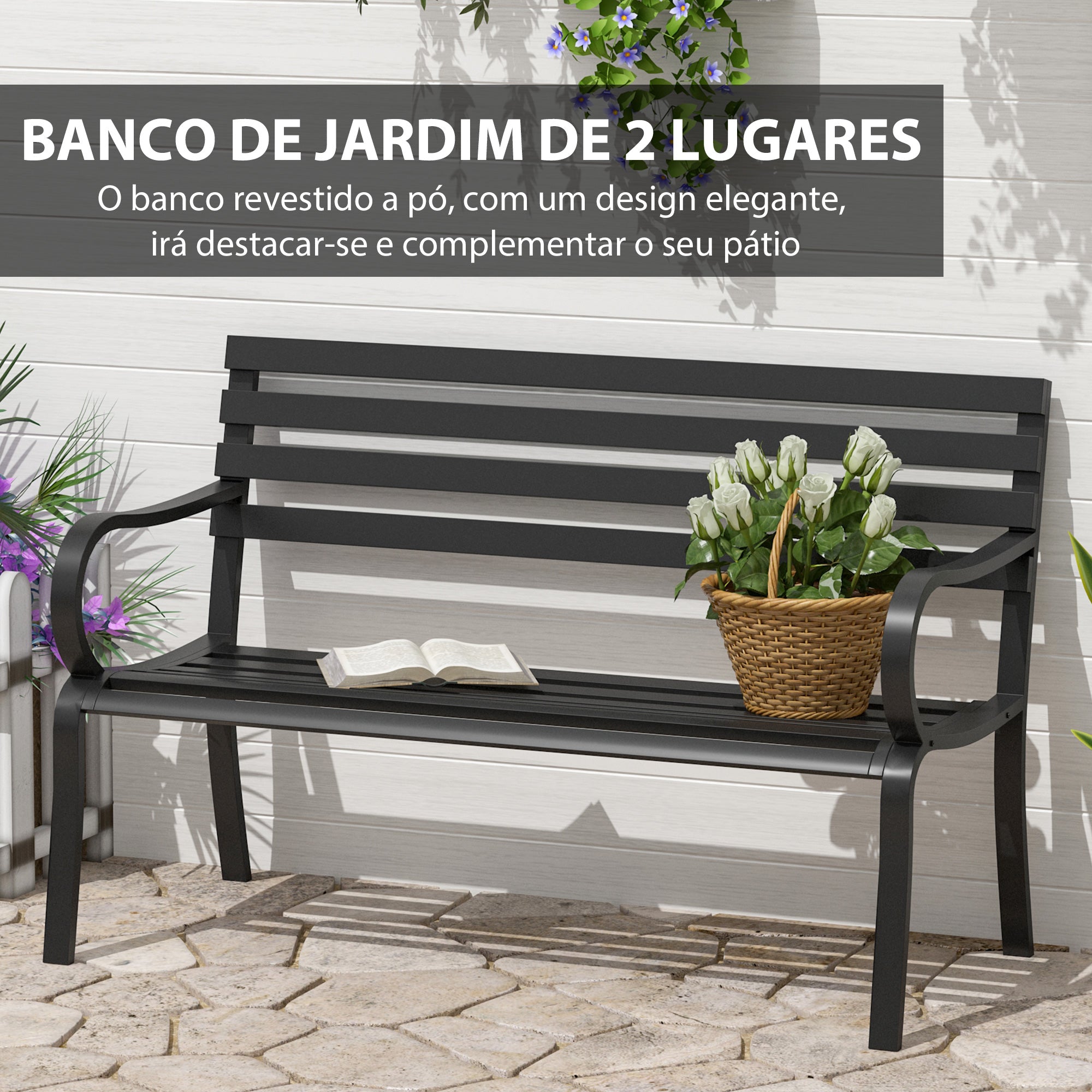 Banco de Jardim 2 Lugares Preto 127x58x82 cm