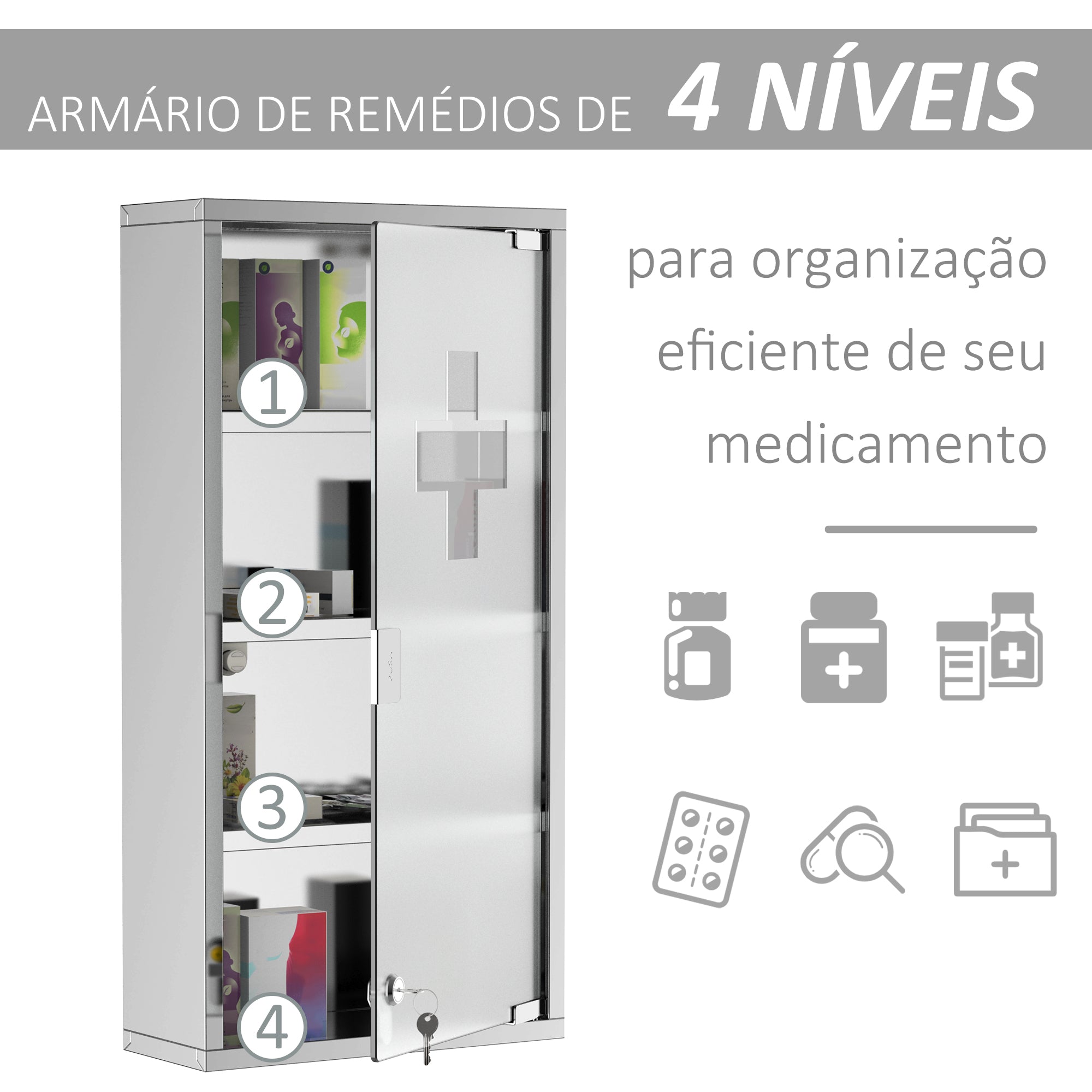 Armário de Remédios em Aço Inoxidável 60x30x12cm - Cor Plateado