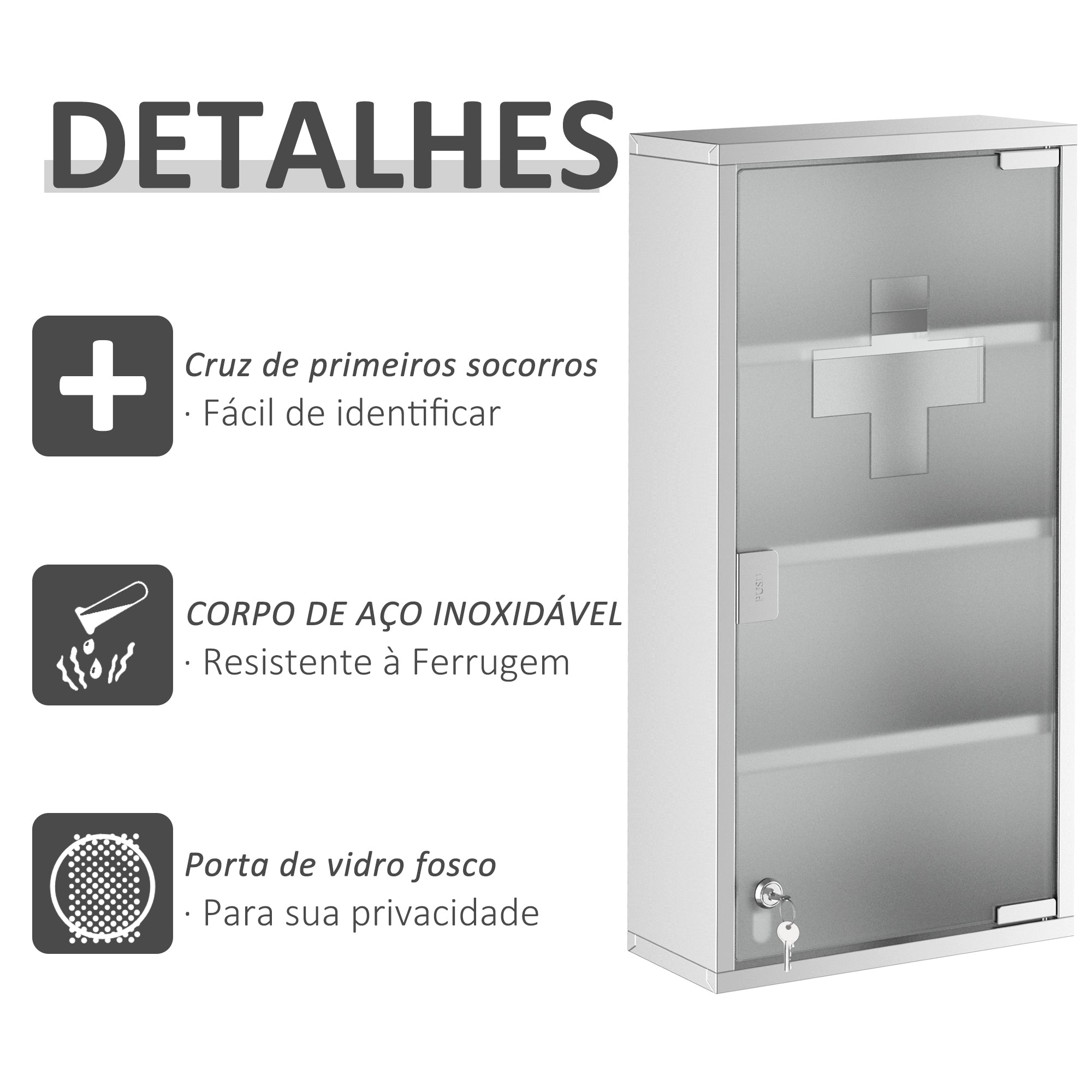 Armário de Remédios em Aço Inoxidável 60x30x12cm - Cor Plateado
