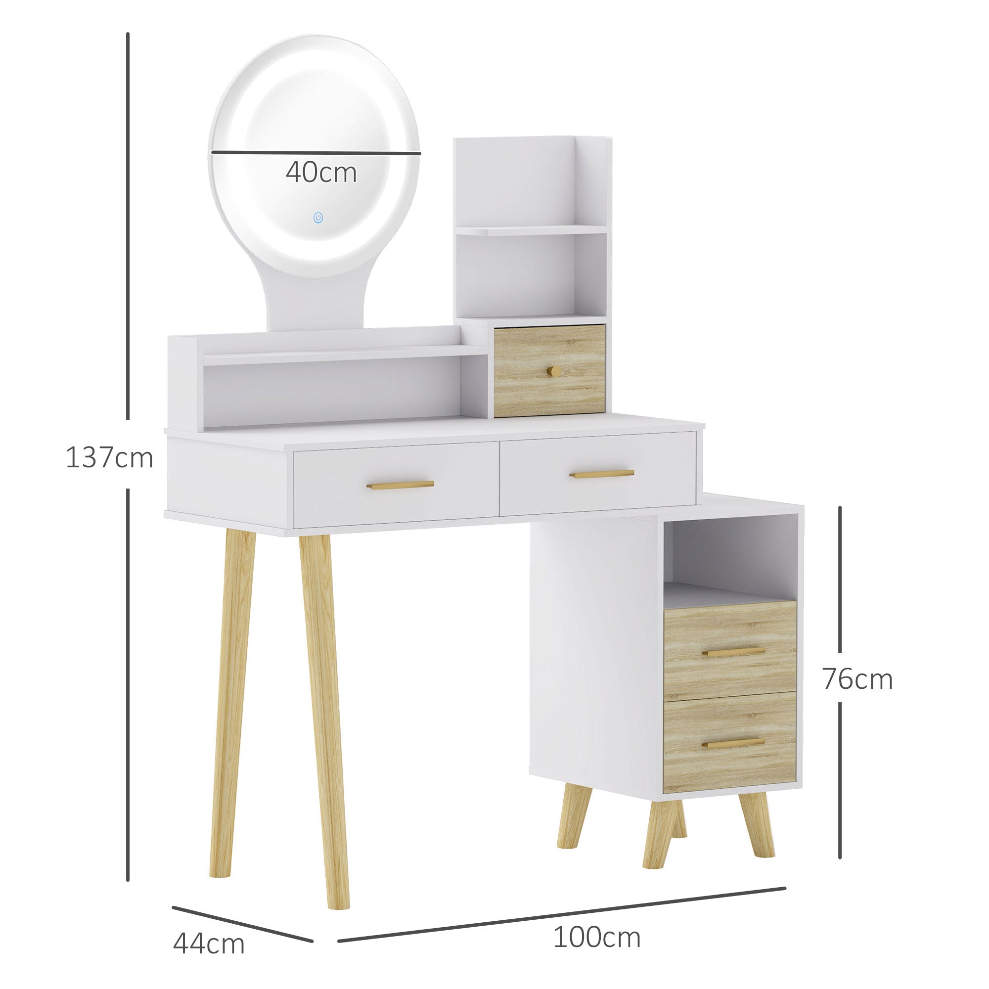 Toucador Moderno com Espelho e Luzes LED Ajustáveis 100x44x137 cm Branco