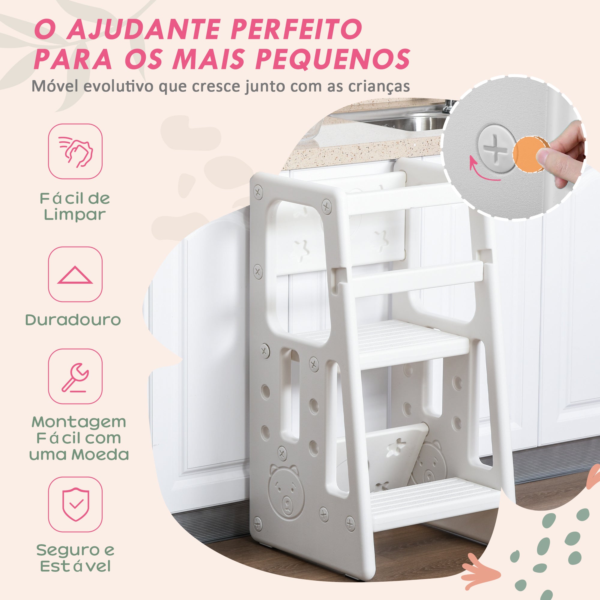 Banco Infantil Torre de Aprendizagem Ajustável 47x47x90cm - Branco