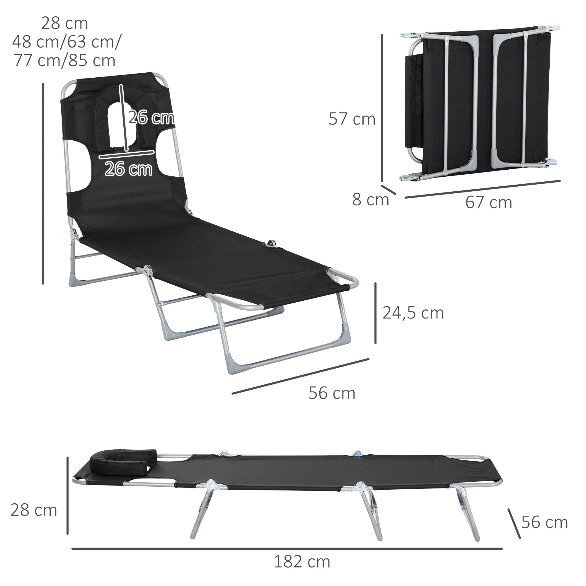 Espreguiçadeira Reclinável e Dobrável 182x56x24,5 cm - Preto