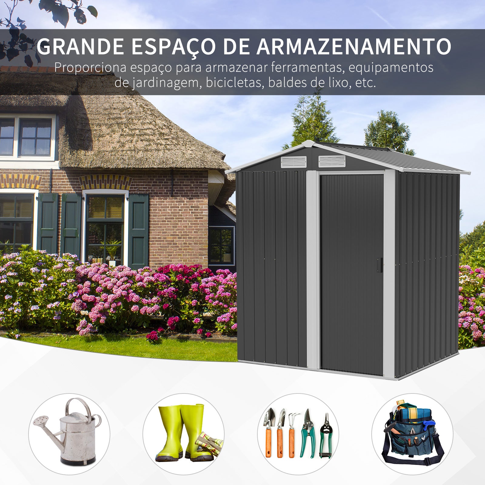Abrigo de Jardim de 152x132x188cm em Aço Galvanizado com Porta Deslizante - Cinzento