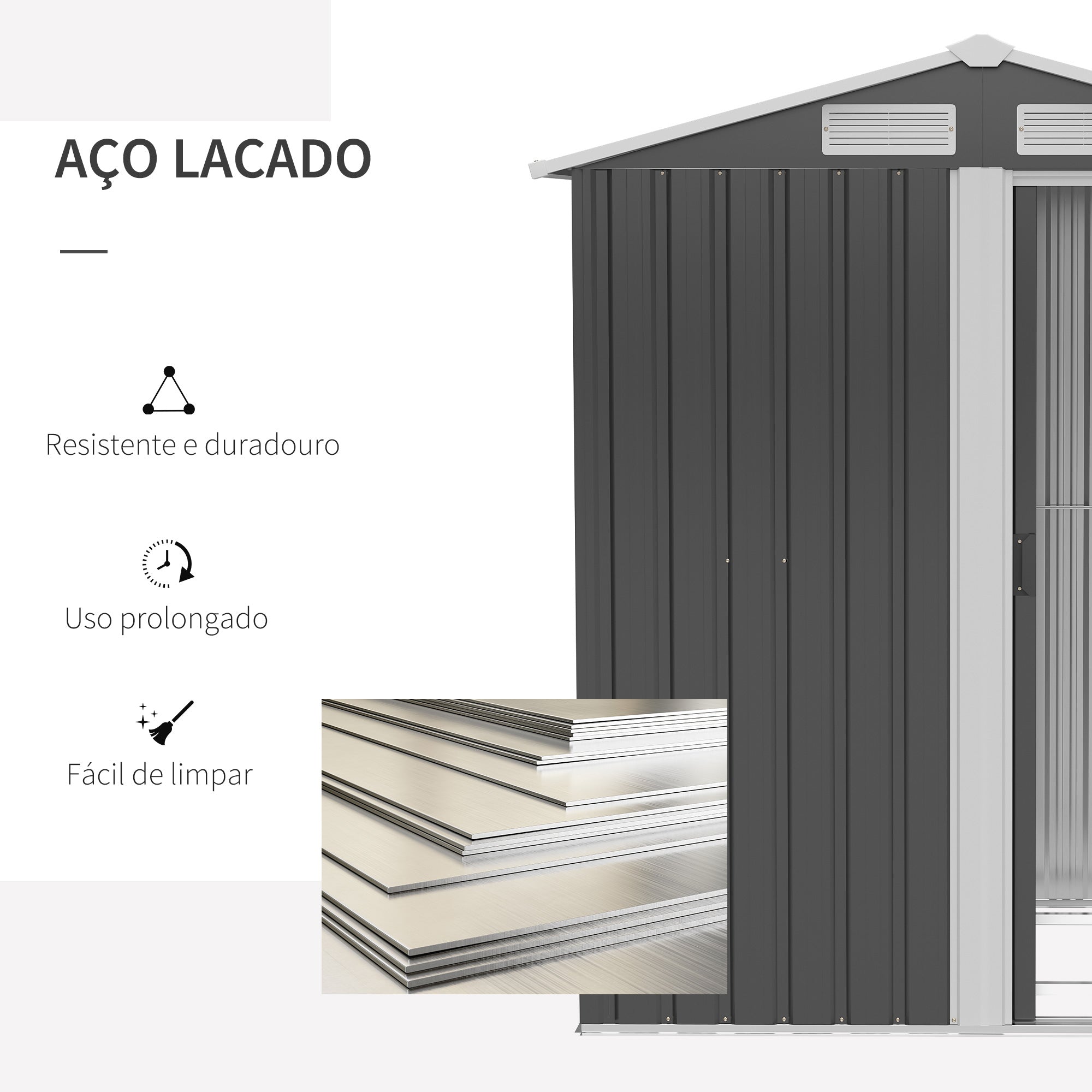 Abrigo de Jardim de 152x132x188cm em Aço Galvanizado com Porta Deslizante - Cinzento