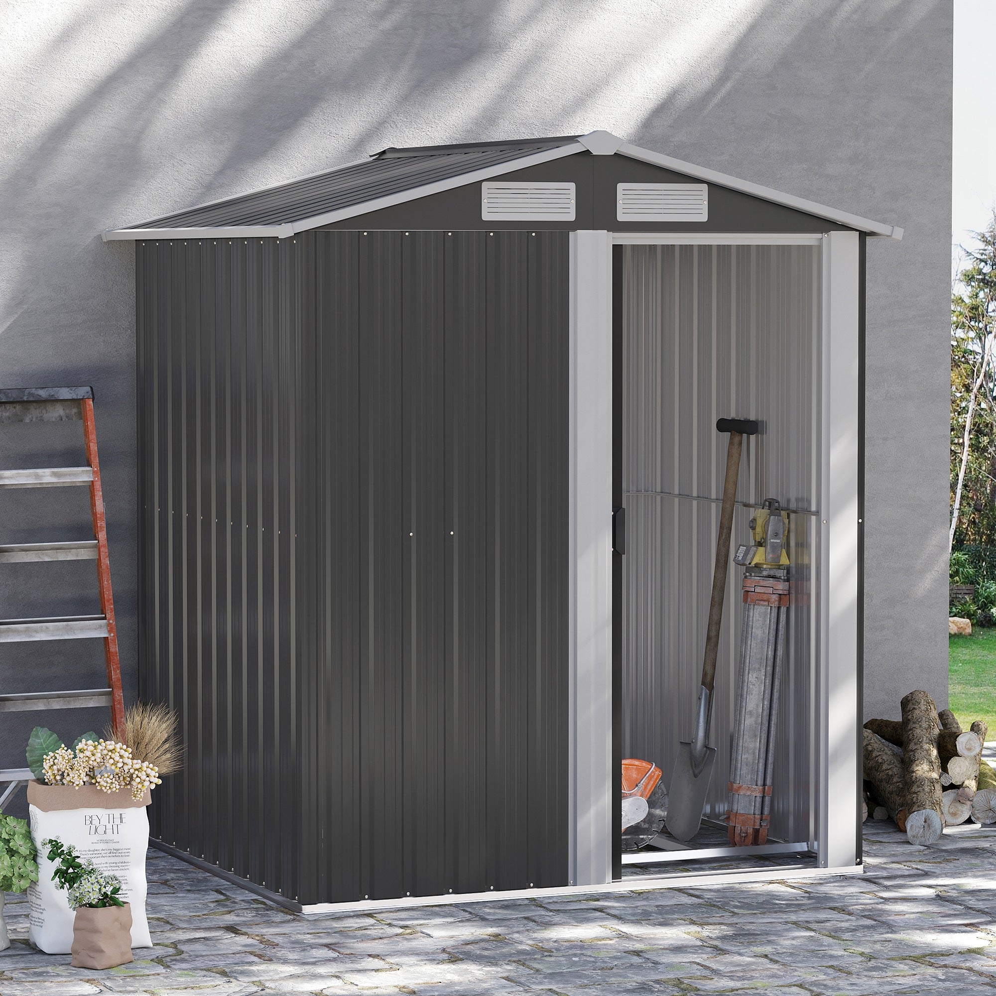 Abrigo de Jardim de 152x132x188cm em Aço Galvanizado com Porta Deslizante - Cinzento