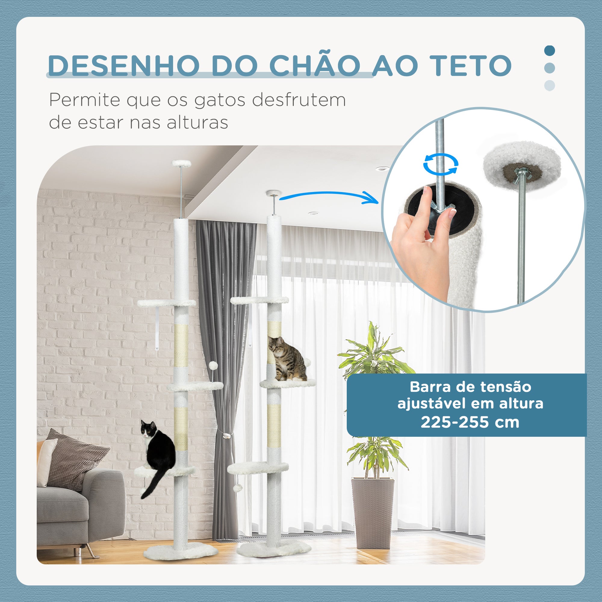 Arranhador para Gatos 255 cm Torre do Chão ao Teto Branco