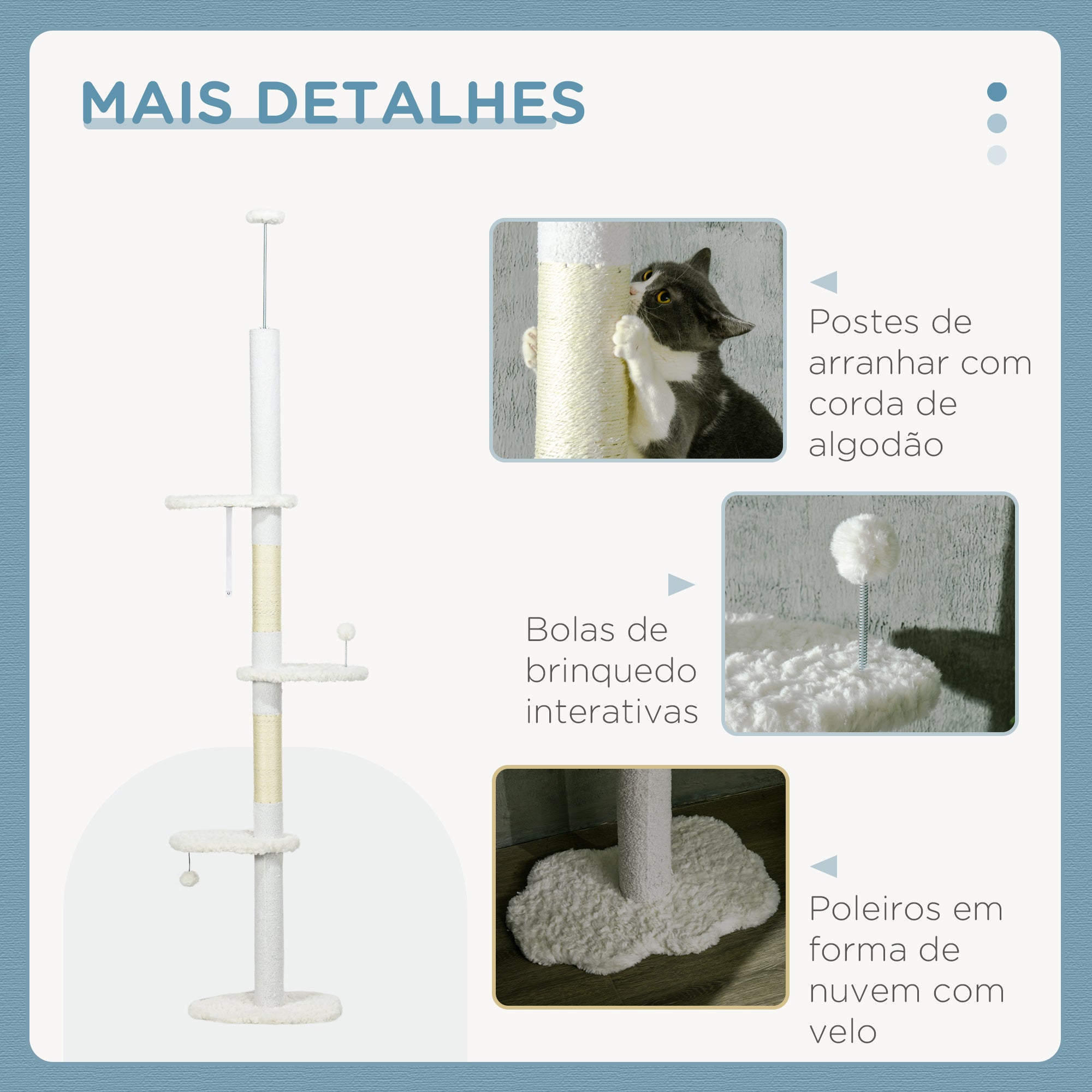 Arranhador para Gatos 255 cm Torre do Chão ao Teto Branco