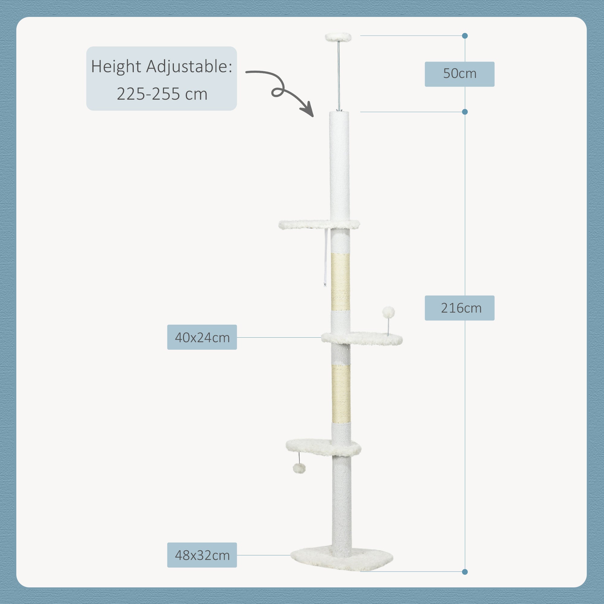 Arranhador para Gatos 255 cm Torre do Chão ao Teto Branco