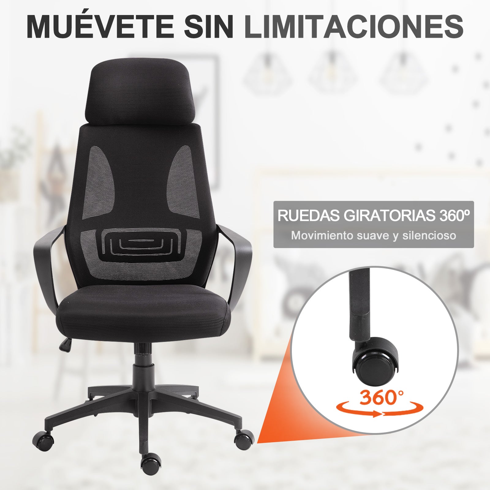 Cadeira de Escritório Ergonômica com Encosto de Cabeça Ajustável 64x58x116-126cm Preto