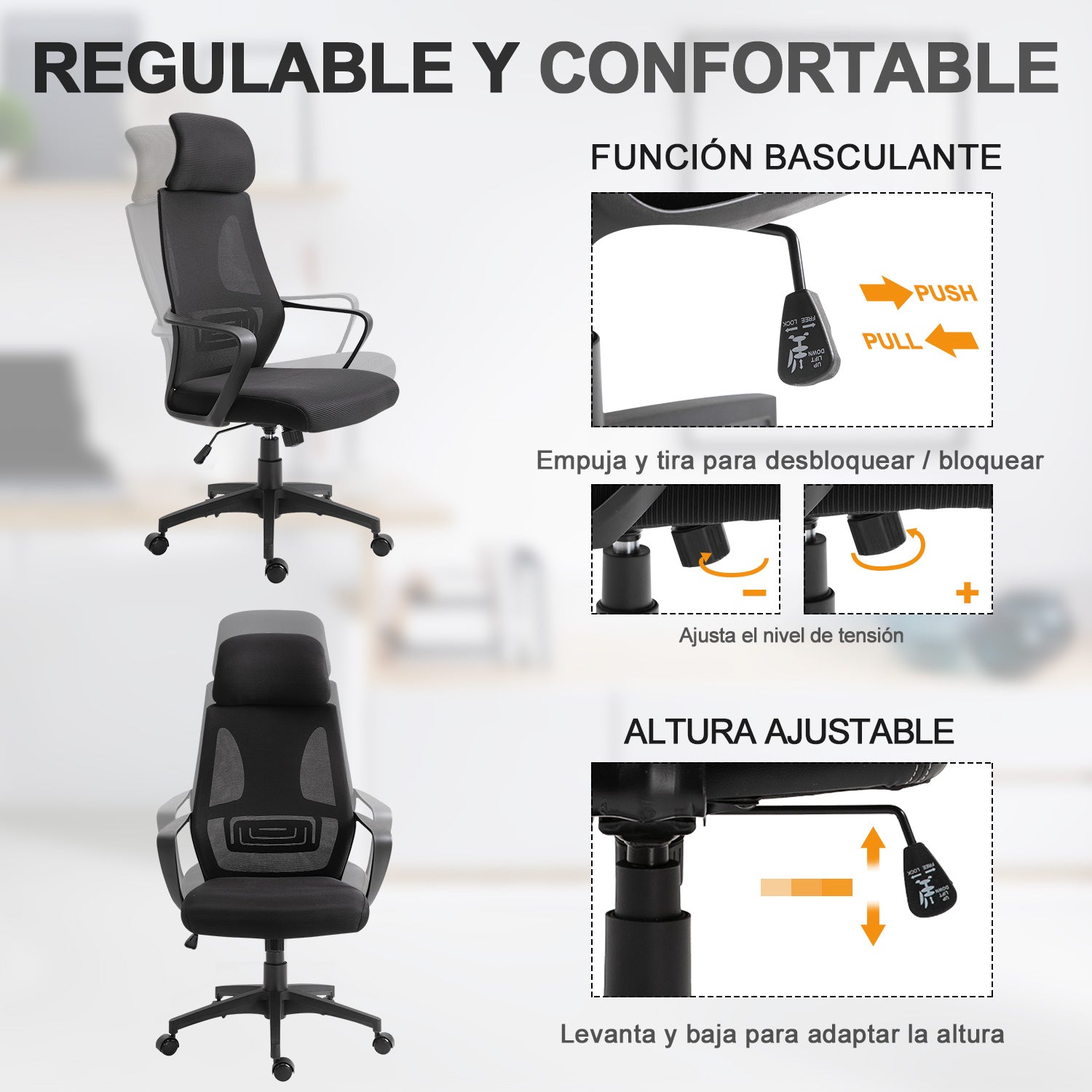 Cadeira de Escritório Ergonômica com Encosto de Cabeça Ajustável 64x58x116-126cm Preto