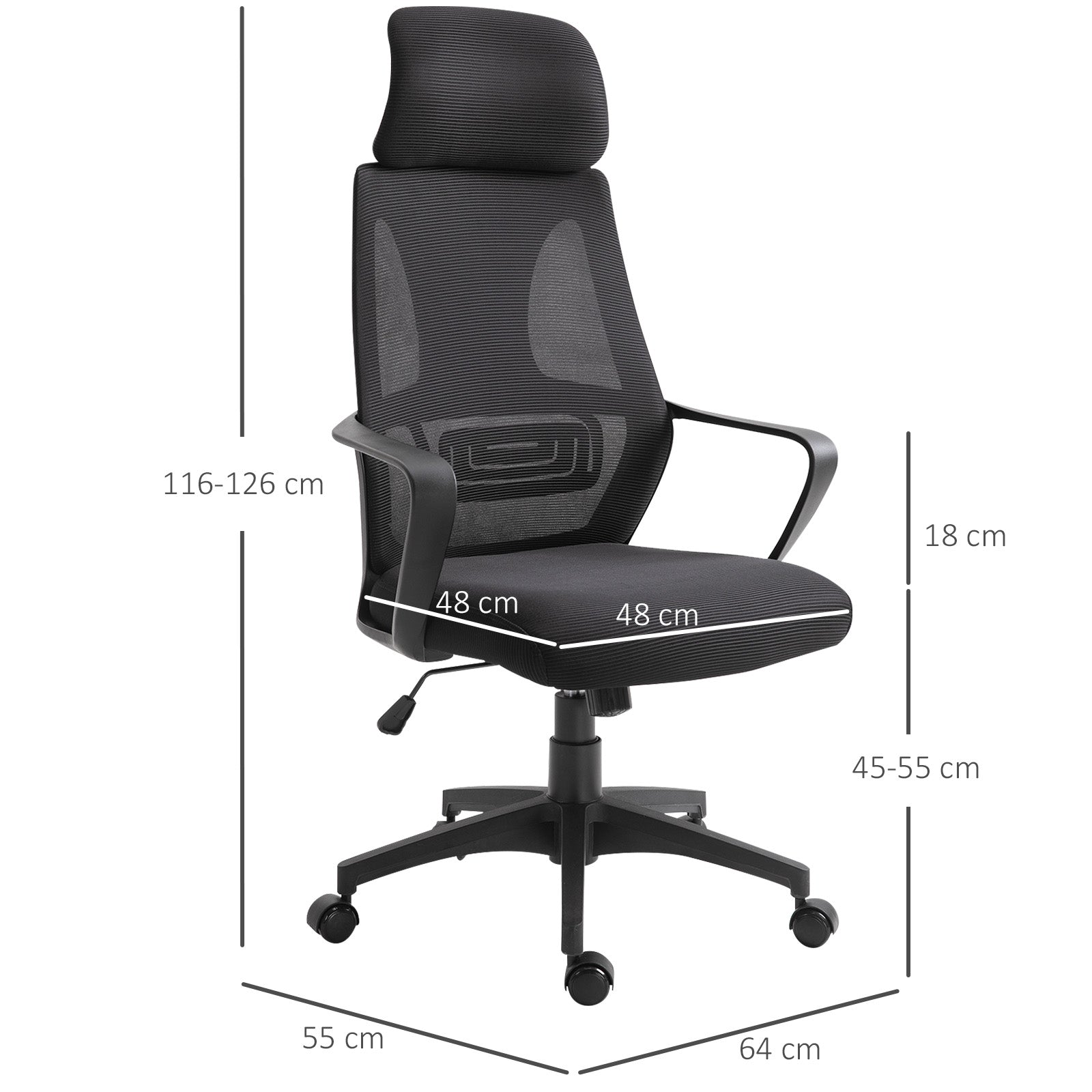 Cadeira de Escritório Ergonômica com Encosto de Cabeça Ajustável 64x58x116-126cm Preto