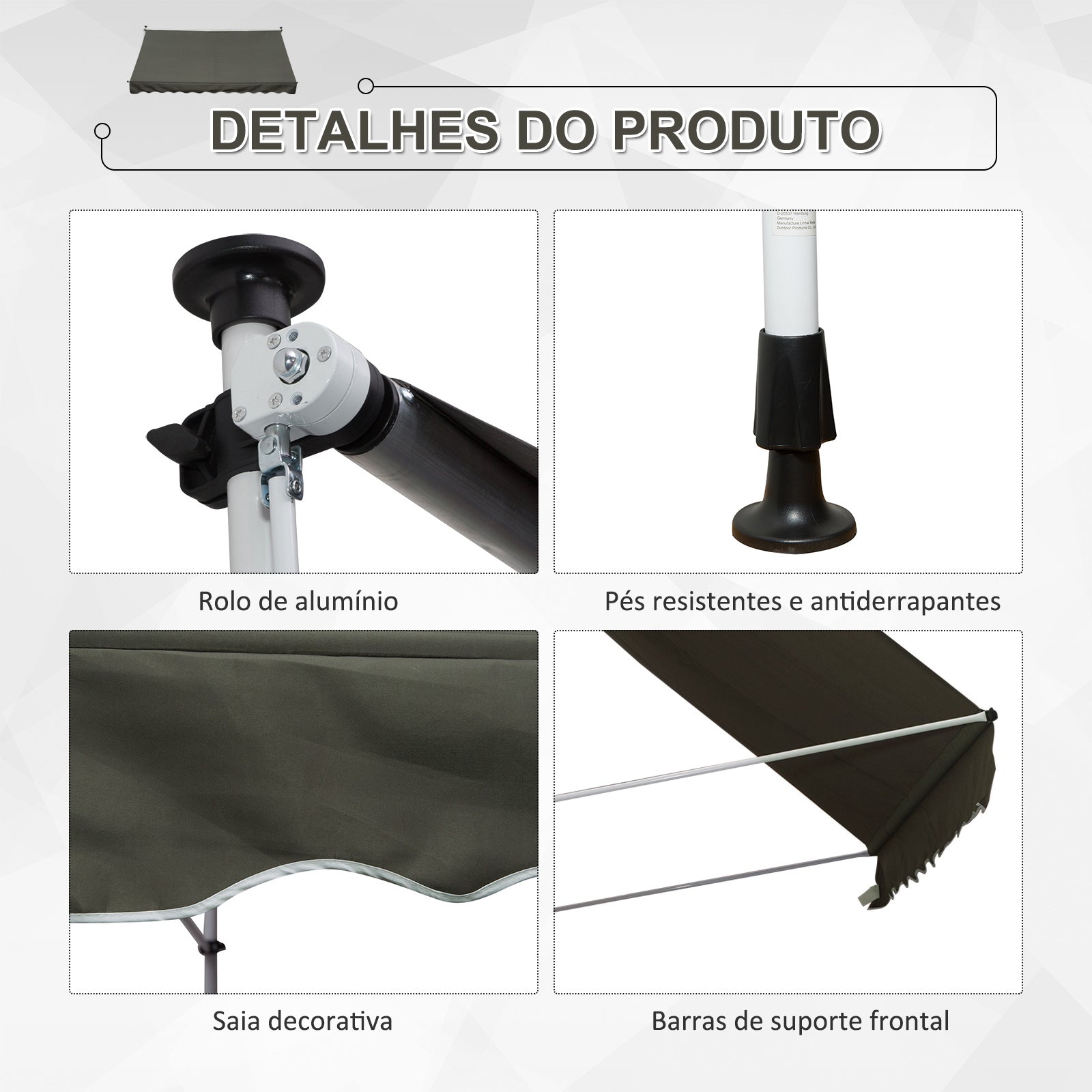 Toldo Manual Retrátil Exterior 300x150x280 cm Cinzento