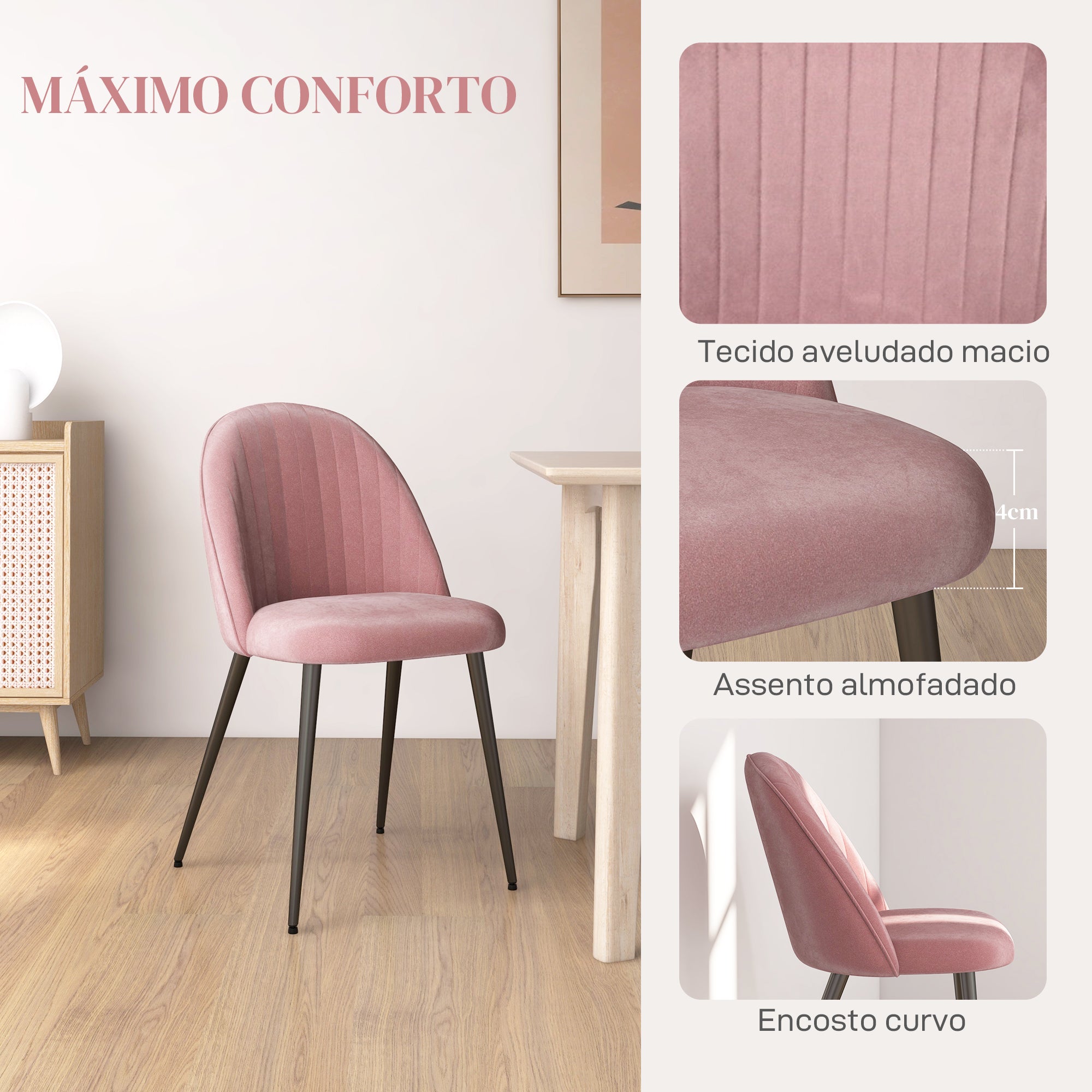 Conjunto de 4 Cadeiras de Sala de Jantar Estofadas em Veludo Rosa 50x52x83 cm