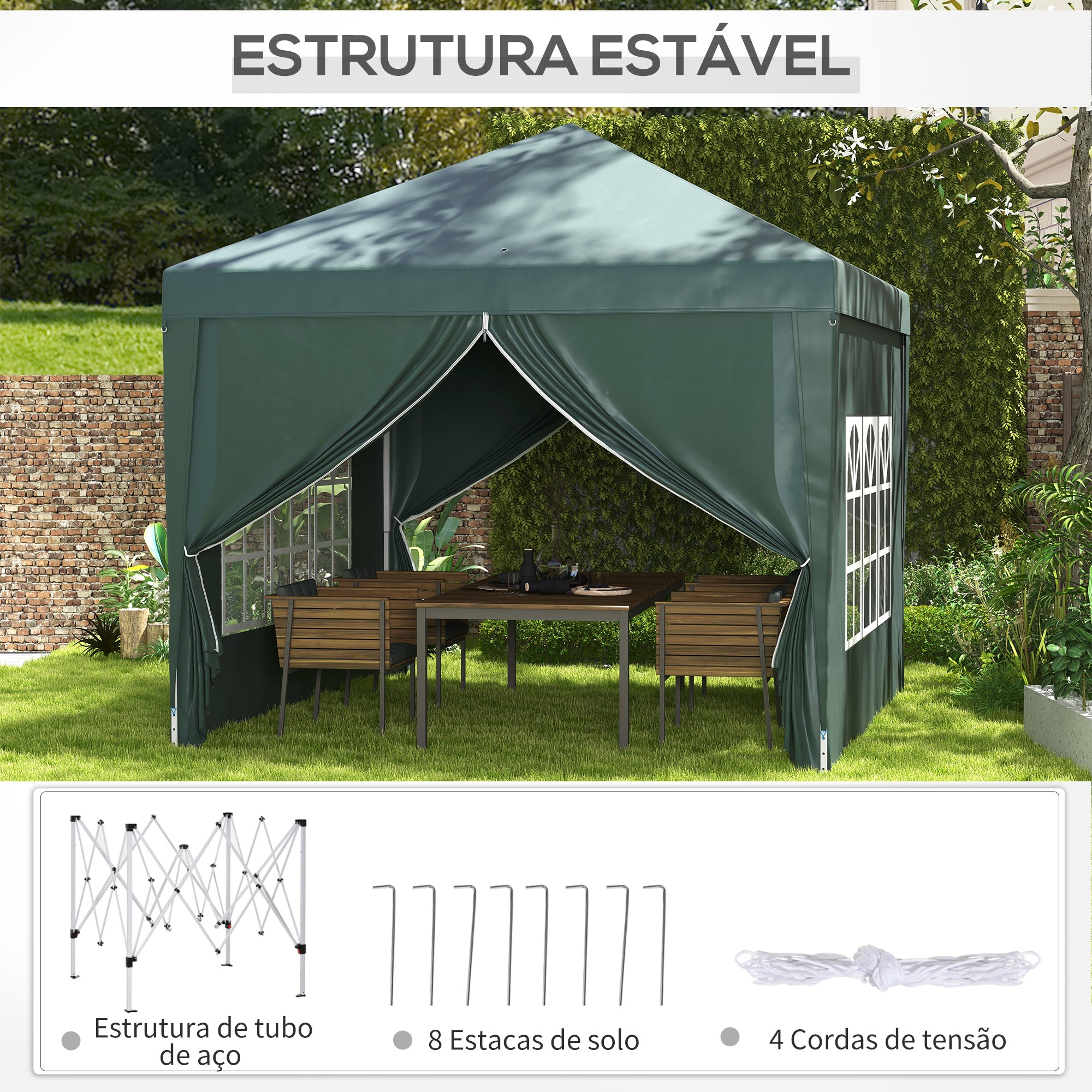 Tenda de Jardim Verde 295x295x196-258 cm com Paredes Removíveis e Bolsa de Transporte