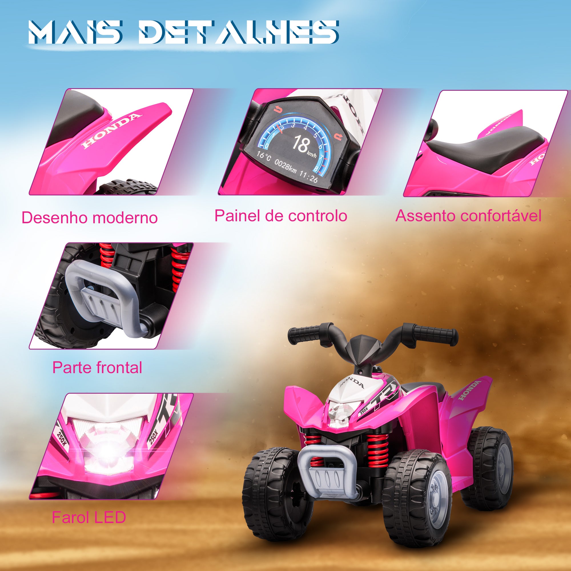 Quadriciclo Elétrico Infantil Rosa 65.5x38.5x43.5 cm