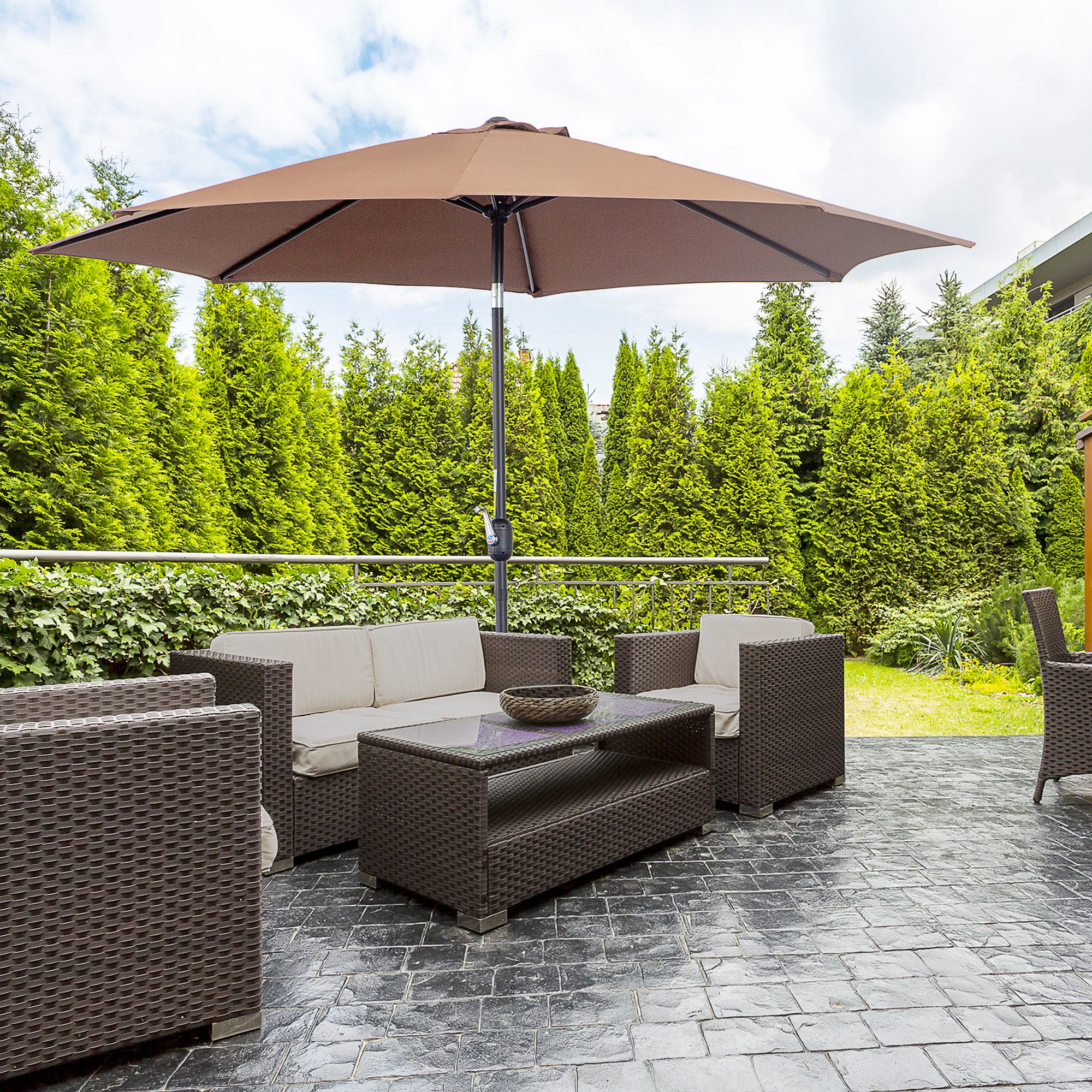 Chapéu de Sol de Jardim Marrom Ø295x250cm com Manivela e Mastro Desmontável