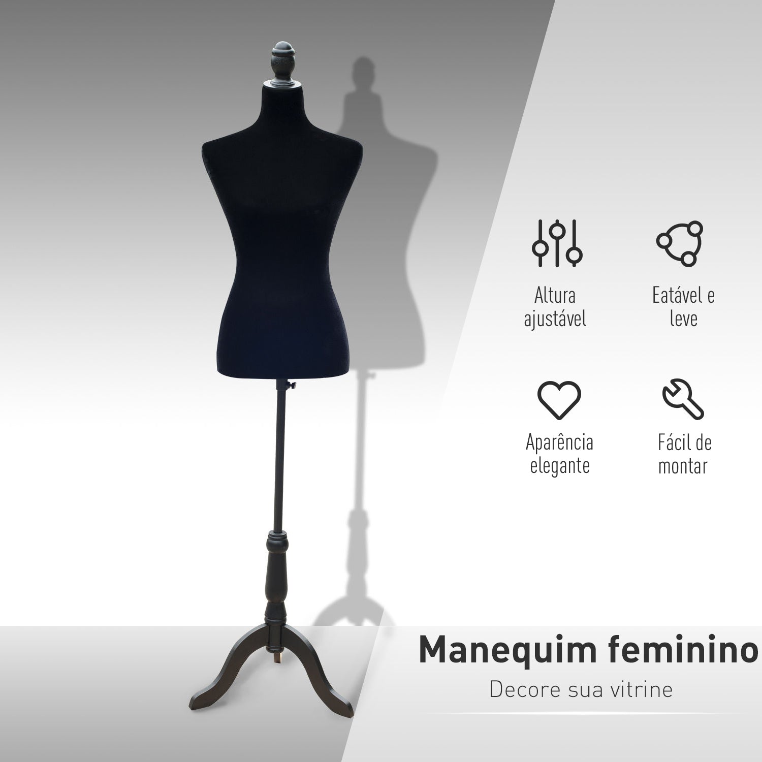 Manequim de Costura Feminino Ajustável 130-168 cm - Cor Preto