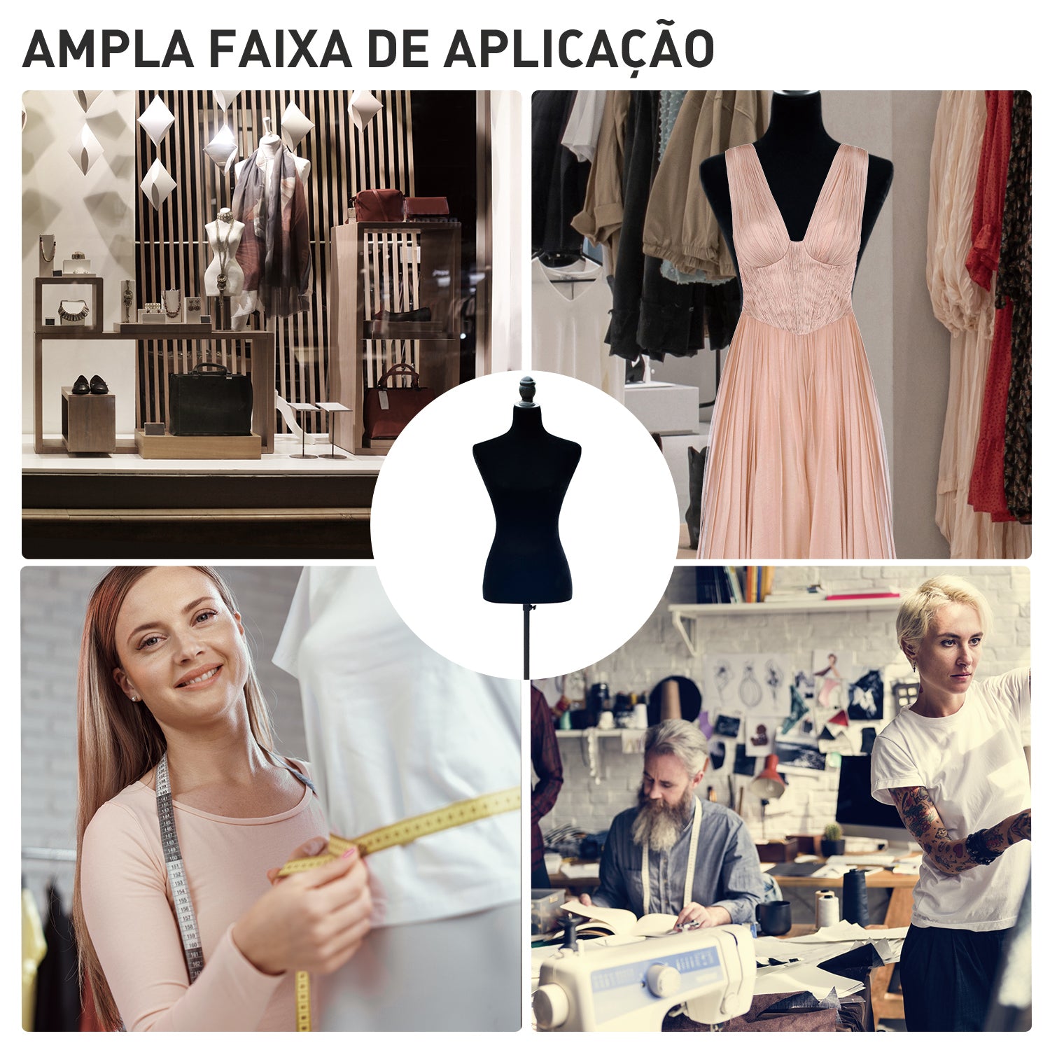 Manequim de Costura Feminino Ajustável 130-168 cm - Cor Preto