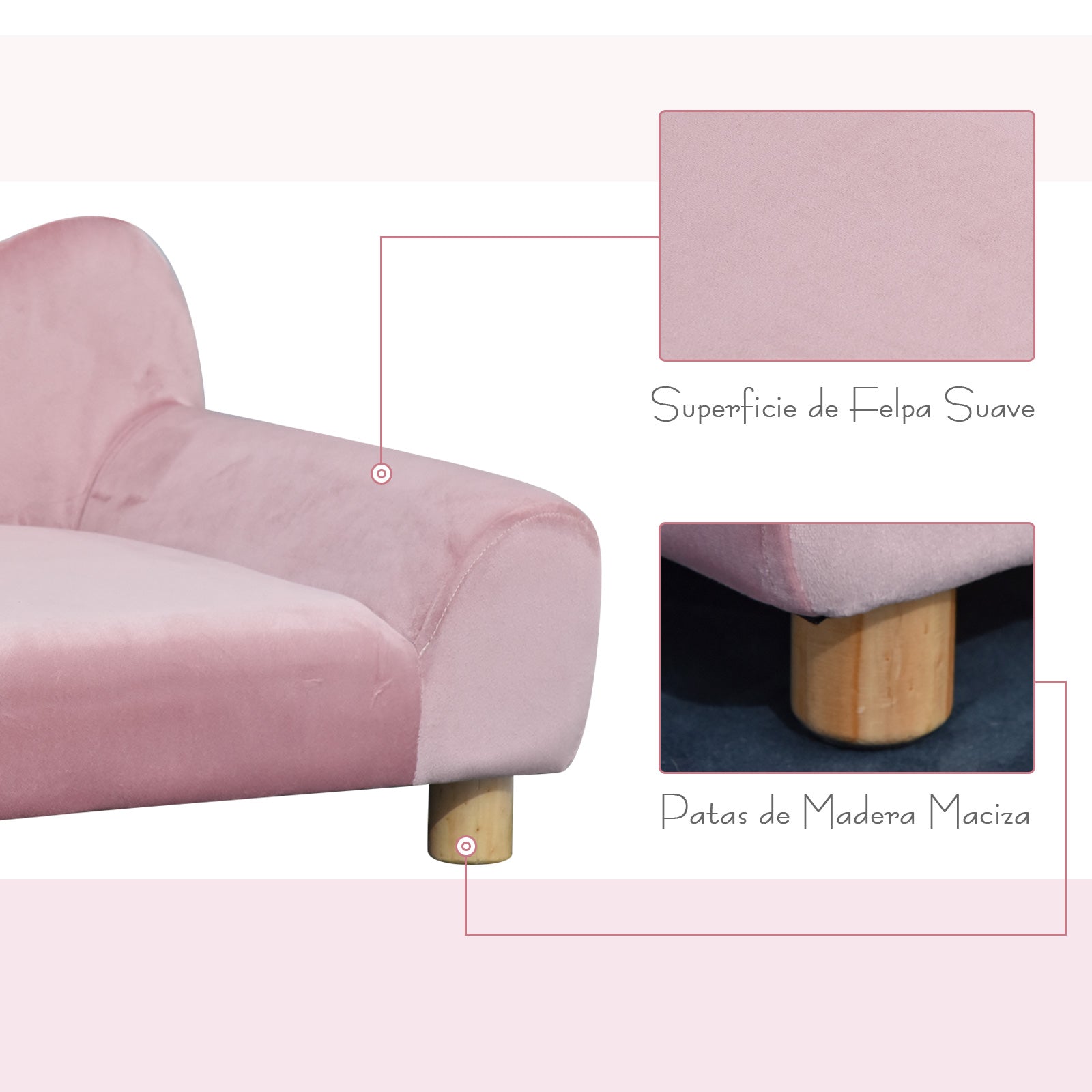 Sofá para Animais de Estimação Rosa 63x43x40 cm - Estilo Moderno com Encosto e Pernas em Madeira
