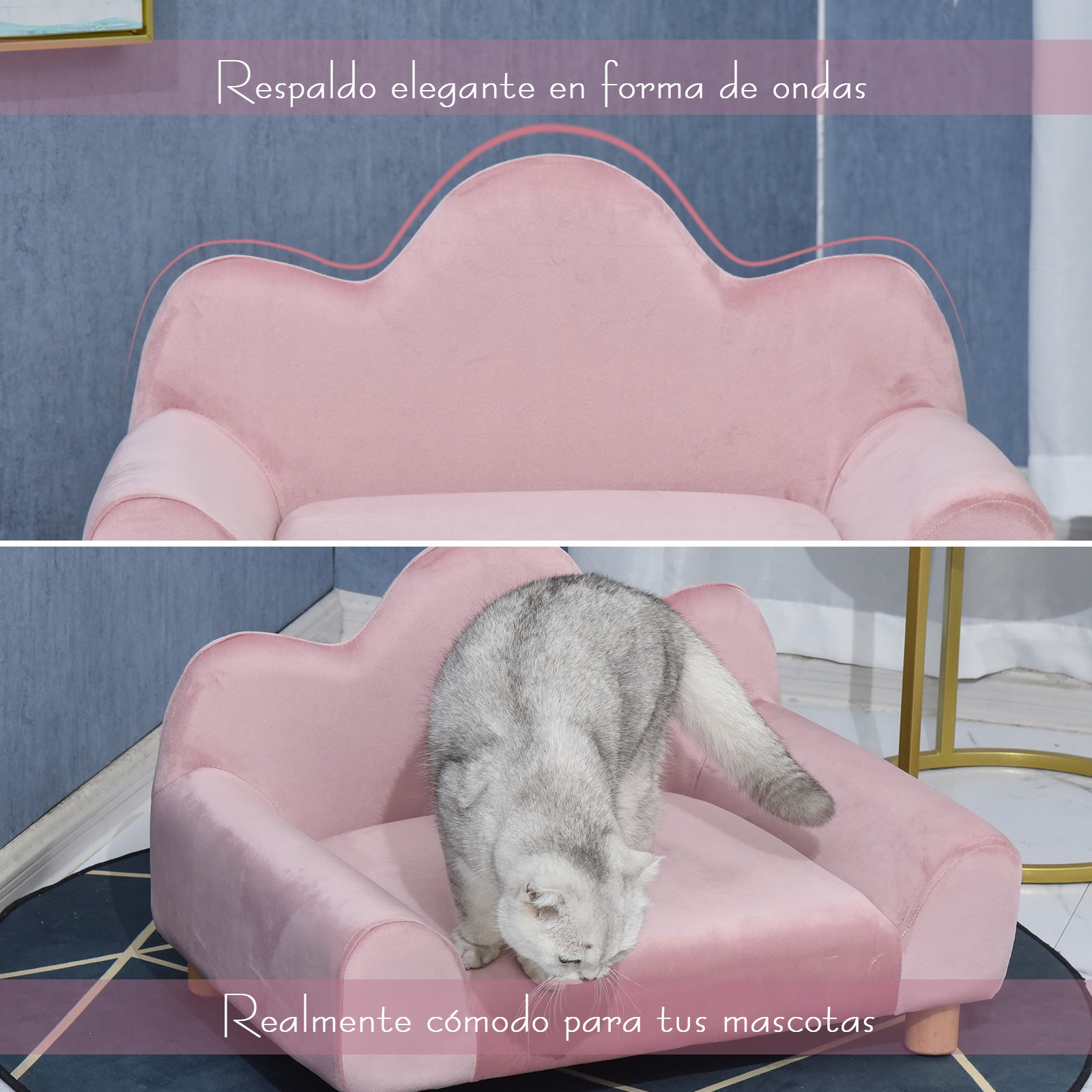 Sofá para Animais de Estimação Rosa 63x43x40 cm - Estilo Moderno com Encosto e Pernas em Madeira