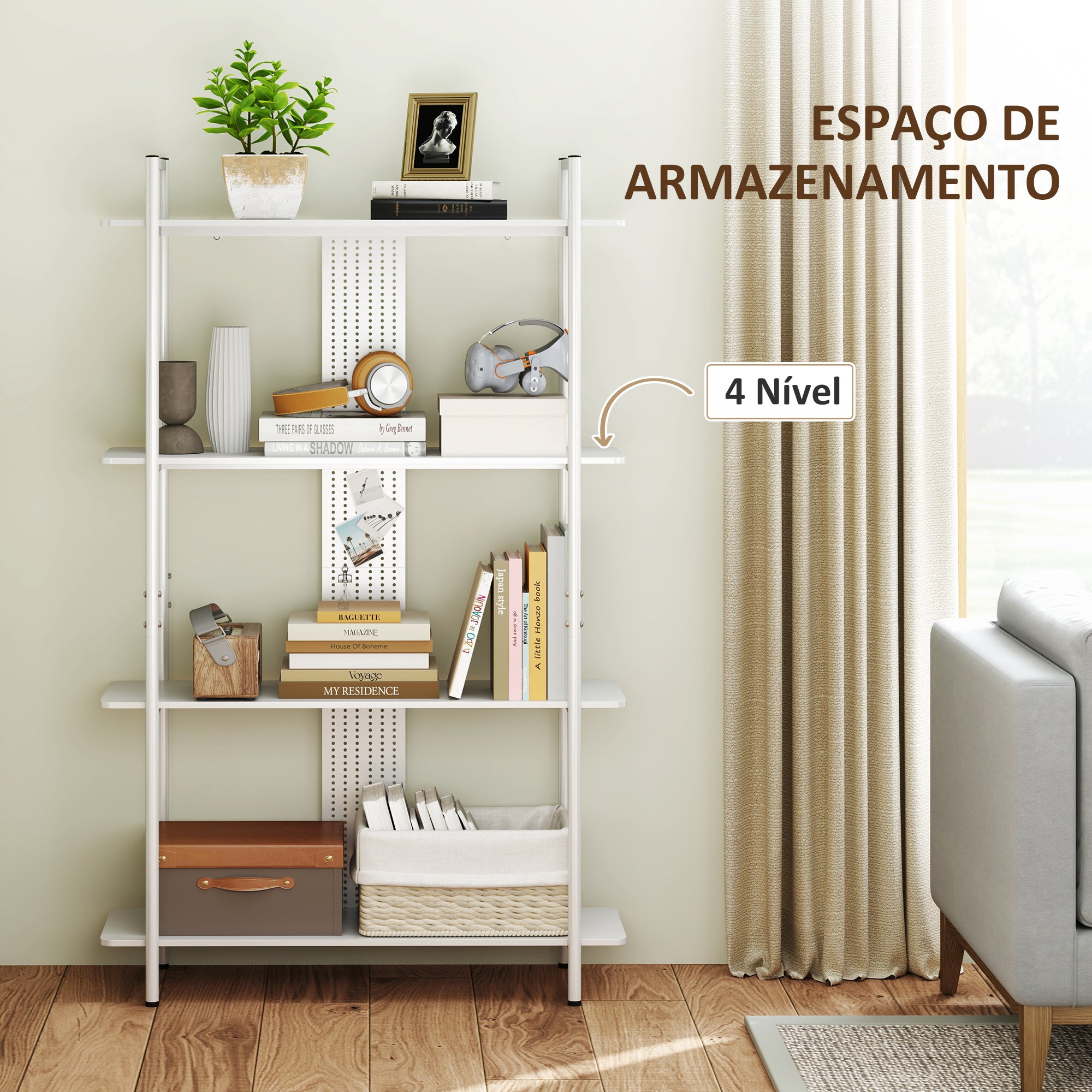 Estante moderna de 4 níveis – 100x35x160,5 cm – Branco – Melamina e metal