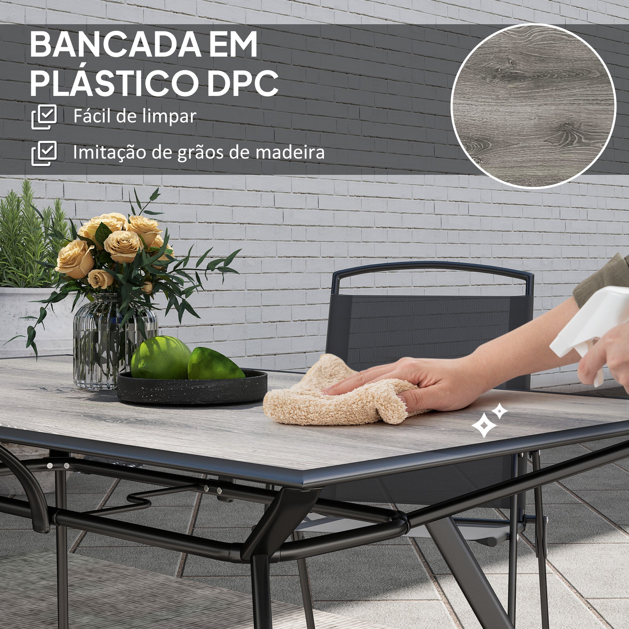 Mesa de Jardim Cinza 160x90x73 cm - Mesa de Refeição Exterior com Bancada Imitação Madeira