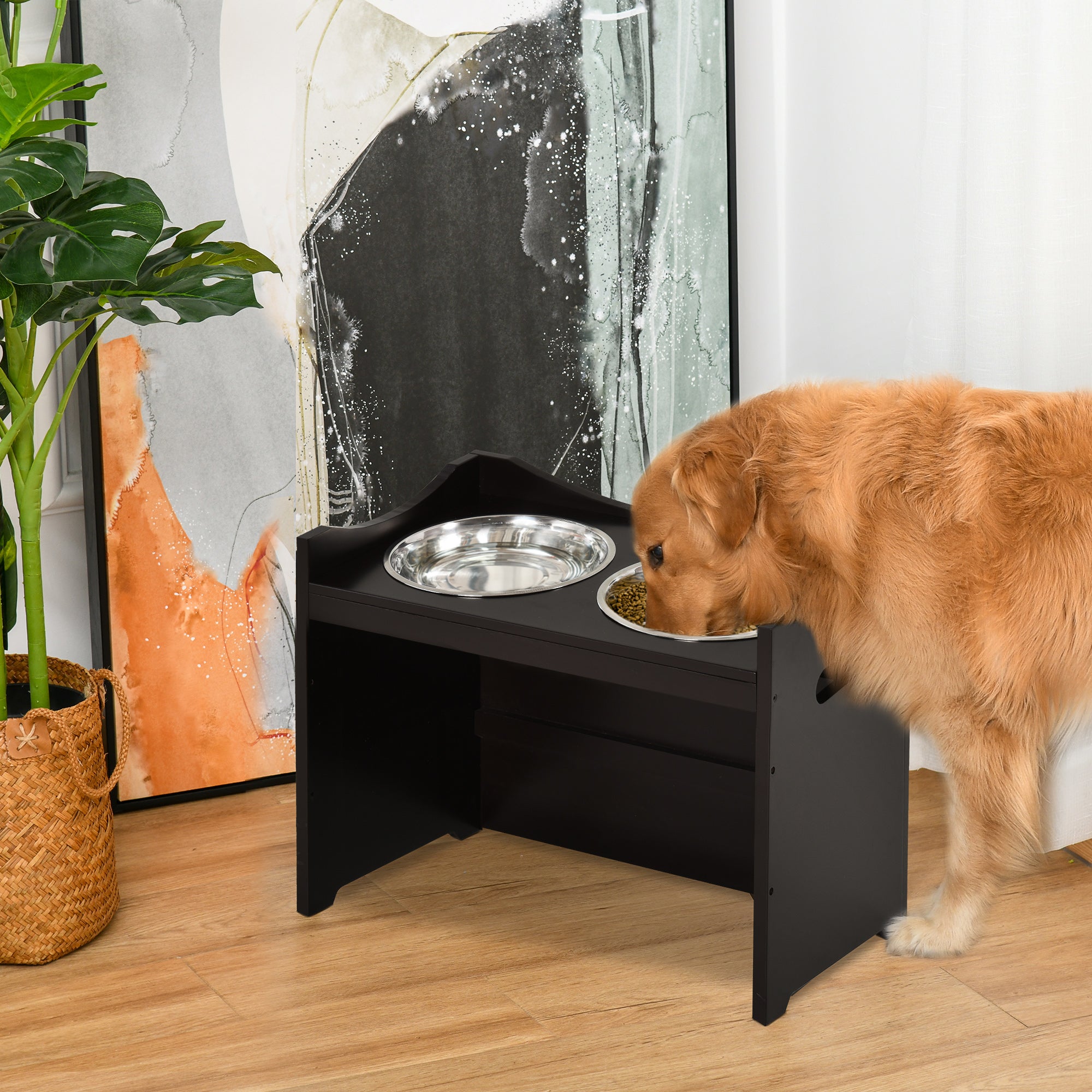 Comedouro para Cães Elevado – 54x31,5x47 cm – Marrom Escuro – MDF com Aço Inoxidável
