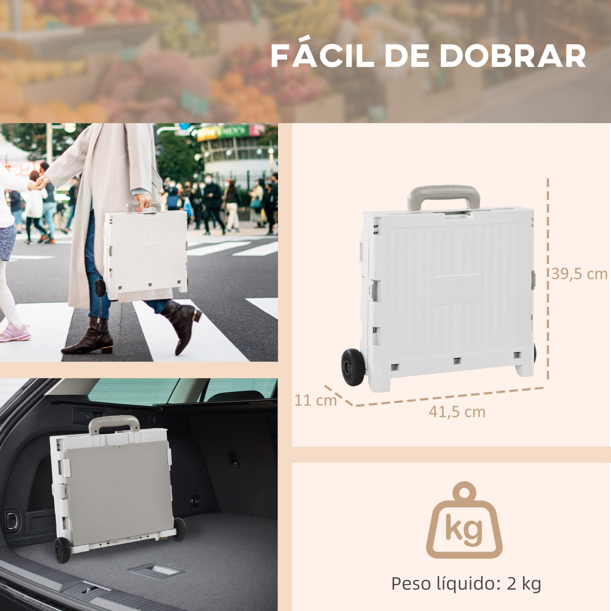 Carrinho de Armazenamento Dobrável com 2 Rodas 32L Branco 41,5x32,5x85 cm