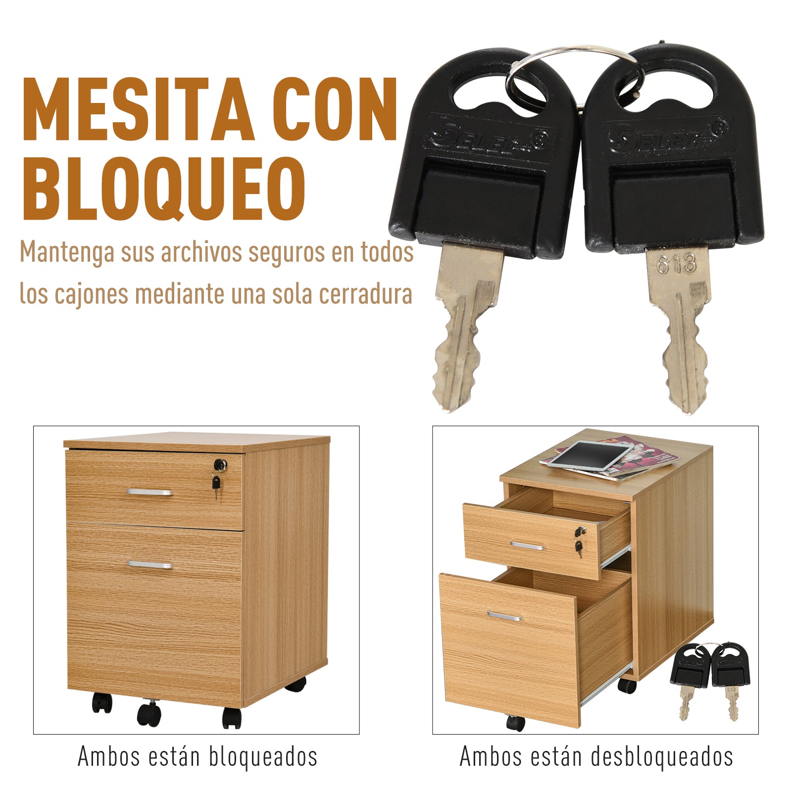Bloco de Gavetas de Madeira Móvel para Arquivos - 40x49x58 cm - Cor de Madeira Natural